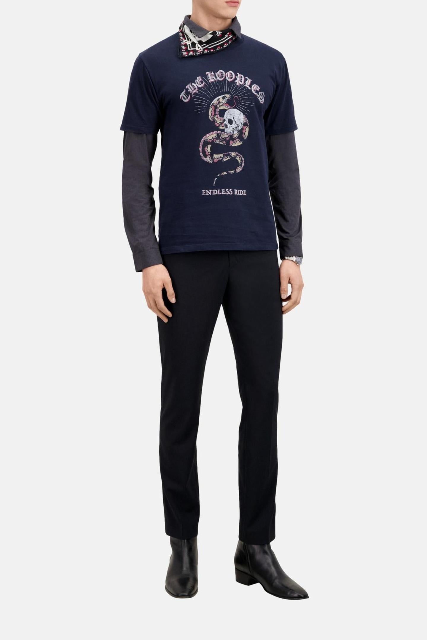 The Kooples Short-sleeved T-shirt With Snake Print Washed Navy Maat: M | T-shirts met Print Outlet | Heren | Blauw