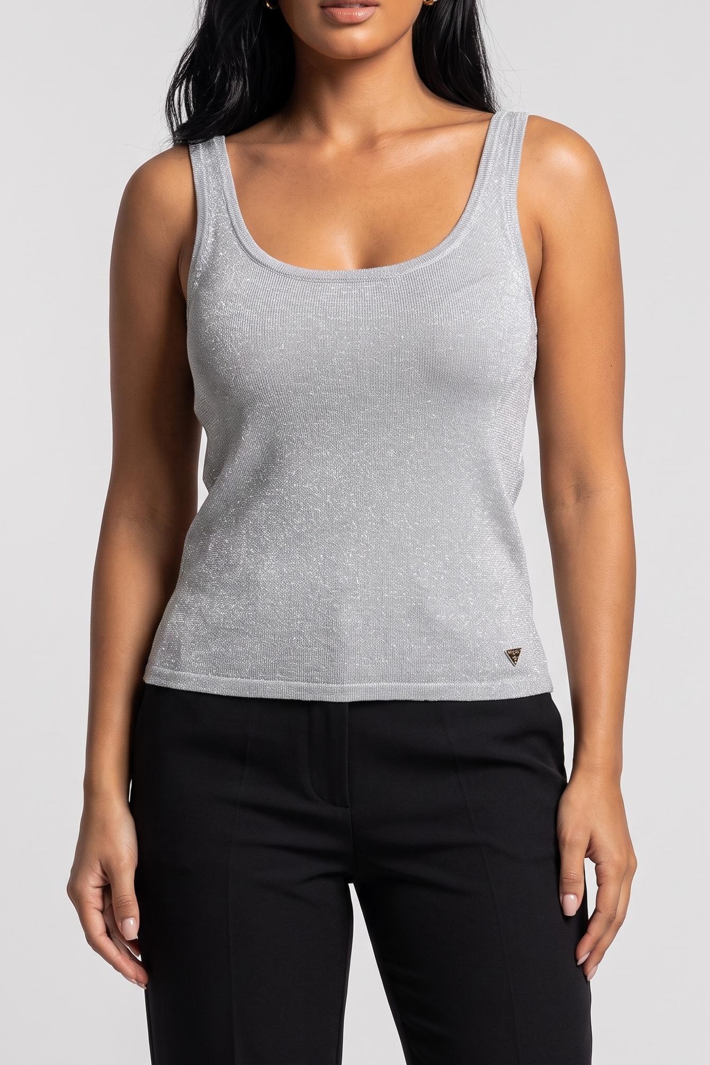 GUESS  Eco Nellie Tank Top Swtr Light Blue Lurex Maat: S | Mouwloze Tops Outlet | Dames | Zilver