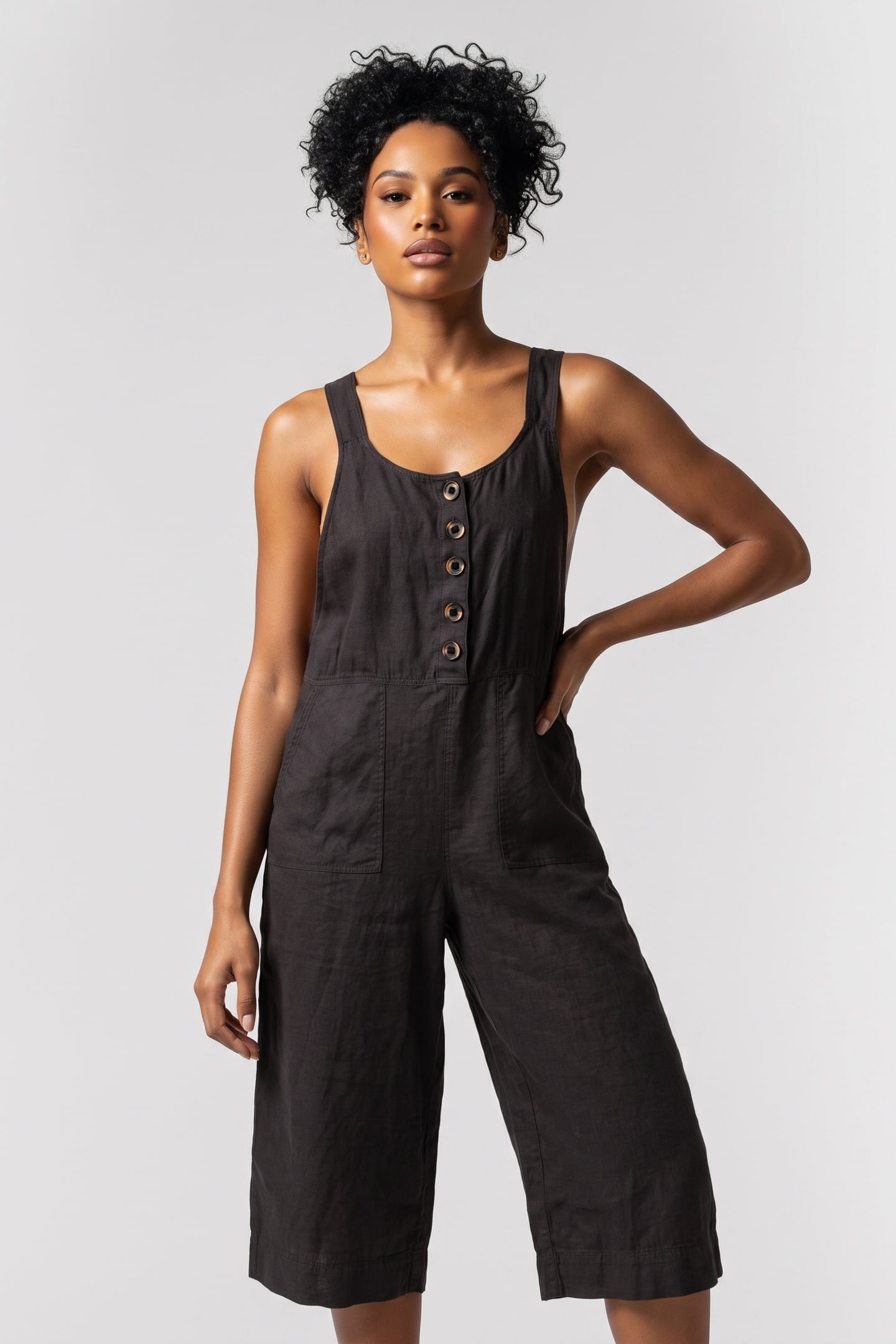 White Stuff Viola Linen Dungaree Pure Black Maat: 6 | Jumpsuits Outlet | Dames | Zwart