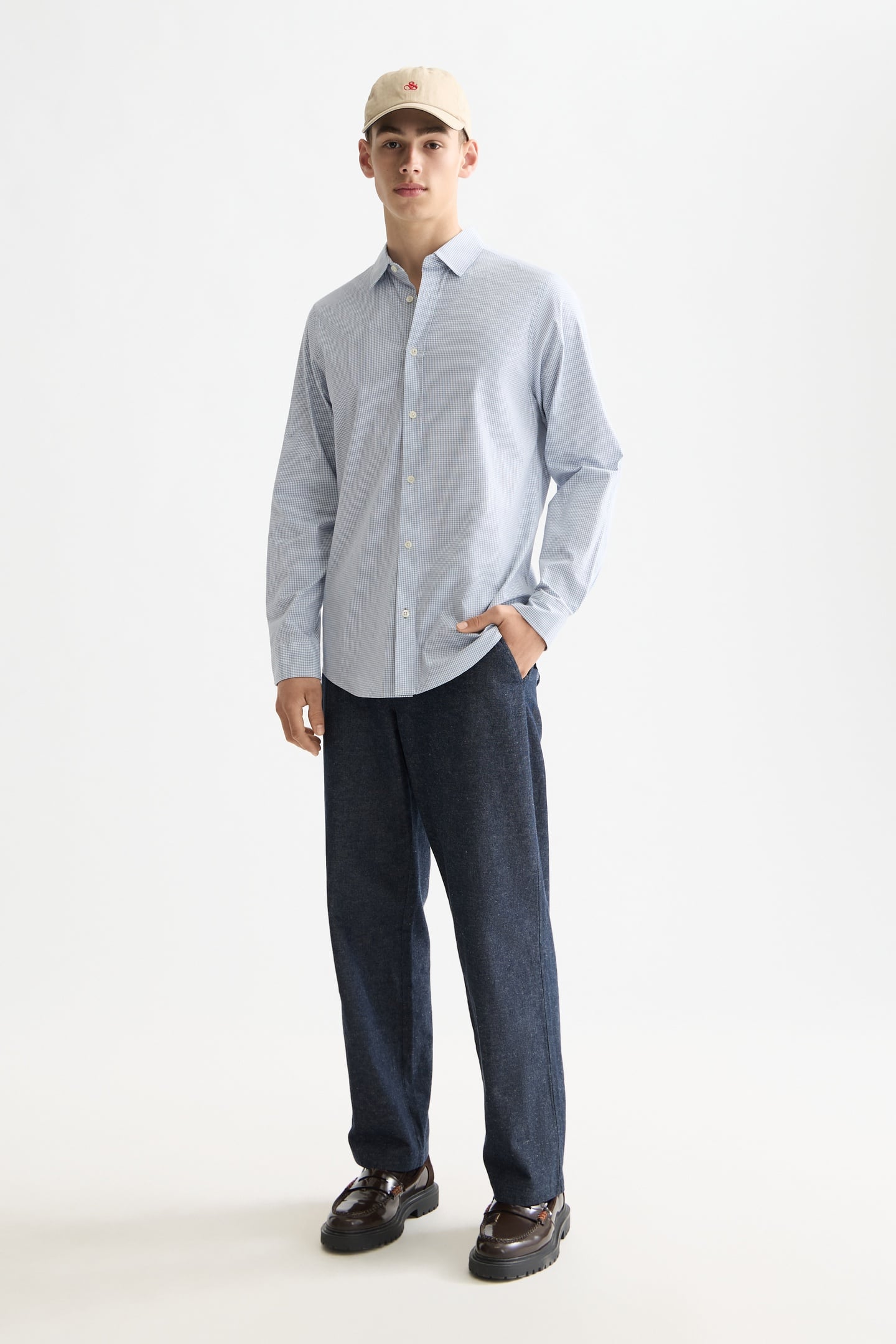 Scotch & Soda Micro-check Poplin Shirt Faded Denim Micro Check Maat: M | Casual Overhemden Outlet | Heren | Blauw