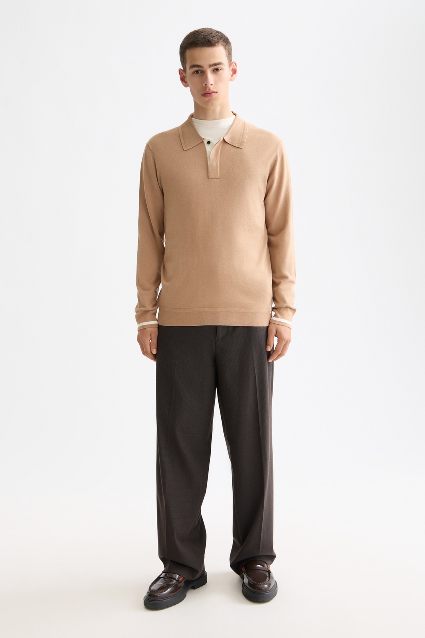 Scotch & Soda Ecovero Blend Knitted Long Sleeve Polo Tannin Maat: XL | Longsleeves Outlet | Heren | Beige