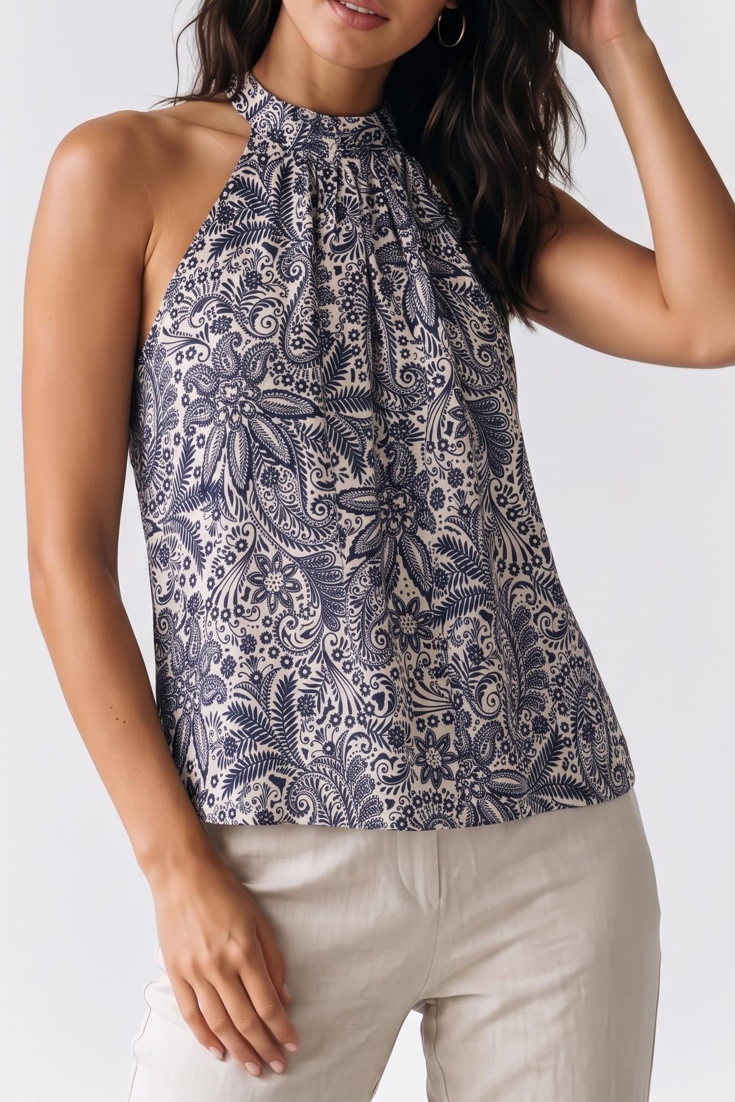 Studio Anneloes Flower Printed Halter Top Dark Blue/off White Maat: M | Blouses Outlet | Dames | Beige