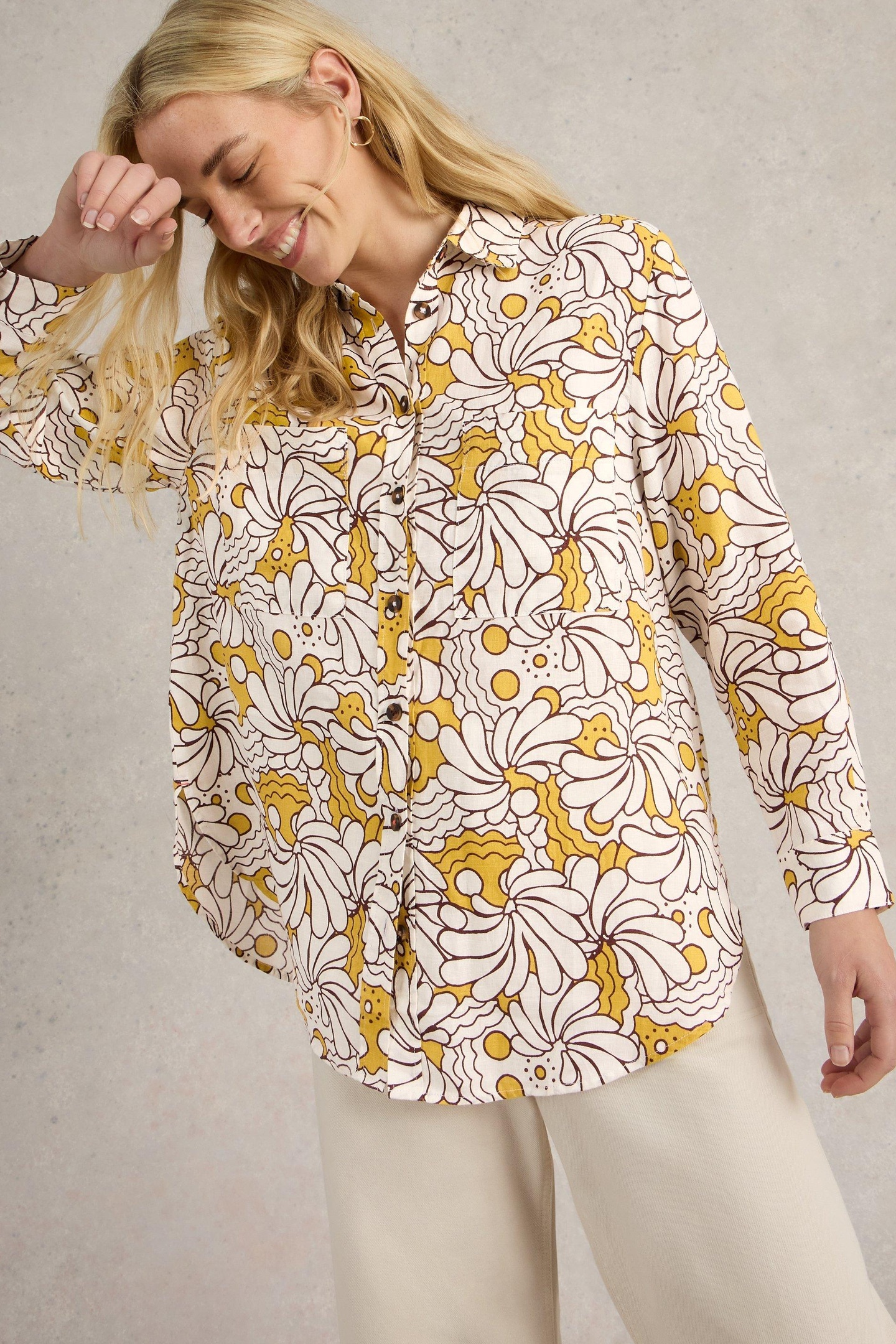 White Stuff Lydia Linen Shirt Yellow Print Maat: 6 | Longsleeves Outlet | Dames | Geel