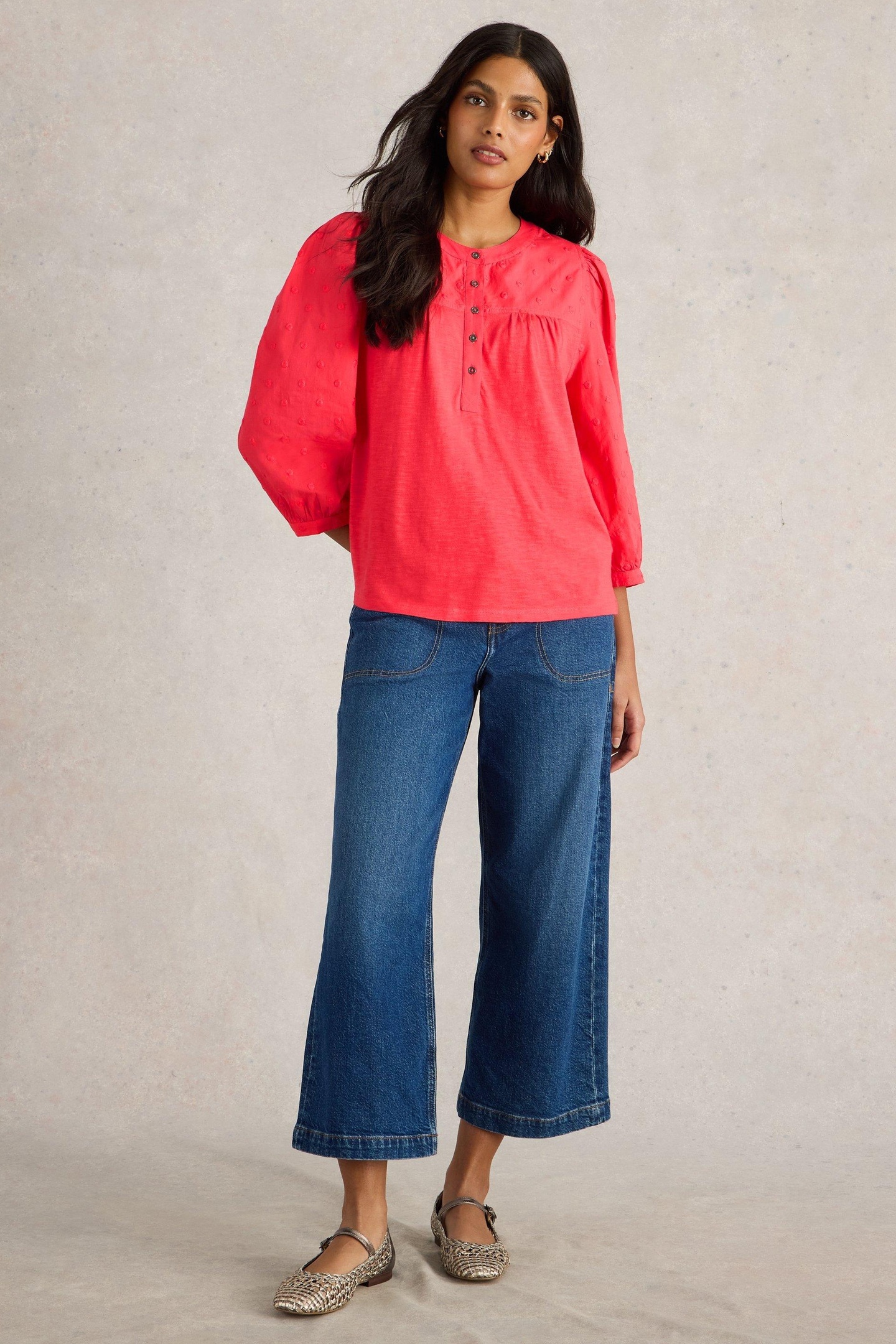 White Stuff Elise Dobby Mix Top Bright Pink Maat: 6 | Longsleeves Outlet | Dames | Roze