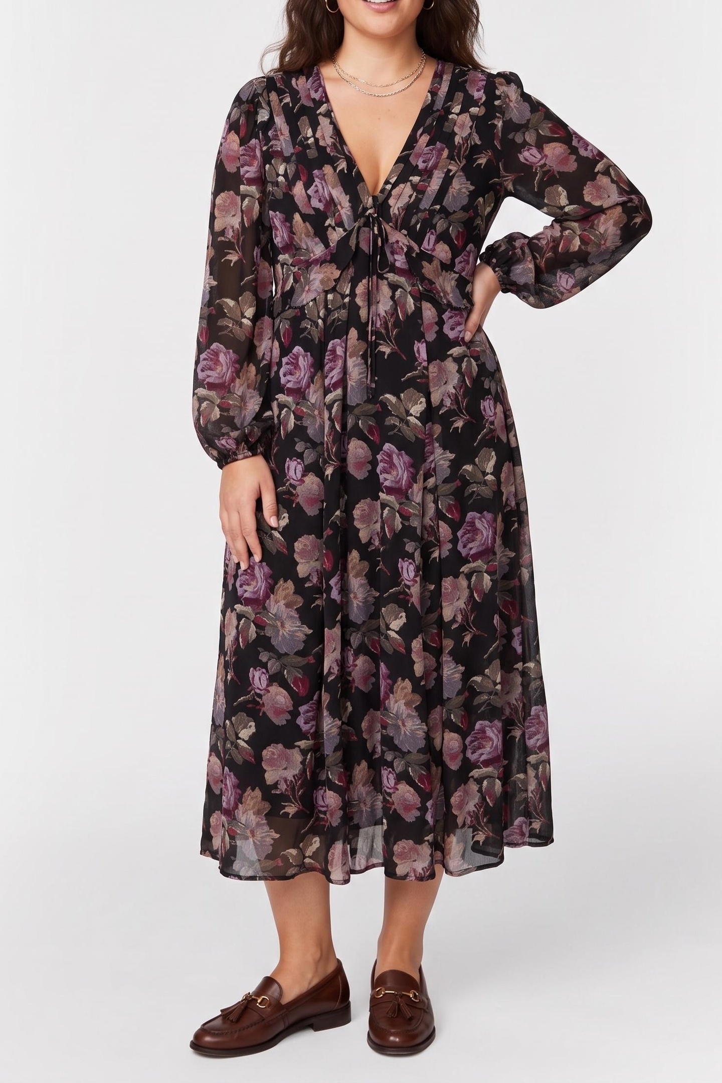 The Kooples Long-sleeved Dress In Rose Print Black / Purple Maat: 40 | Midi Jurken Outlet | Dames | Zwart