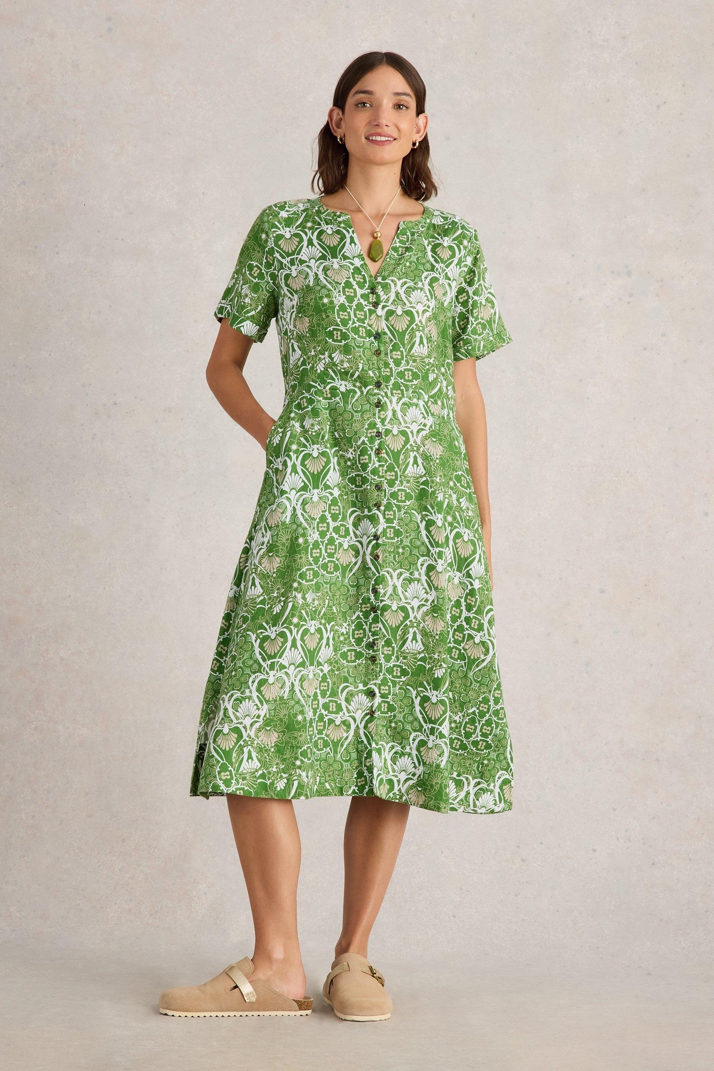 White Stuff Iris Linen Dress Green Print Maat: 8 REGULAR | Midi Jurken Outlet | Dames | Groen
