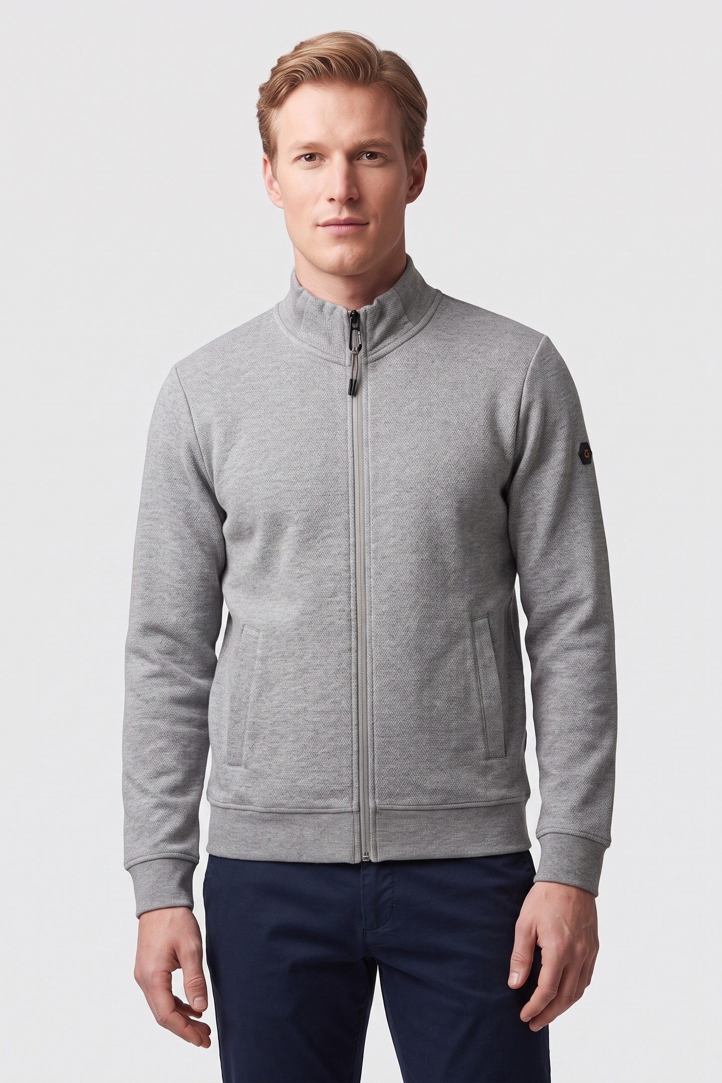 No Excess Sweater Full Zip Stand Up-collar Relief Grey Melange Größe: L | Pullover Outlet | Herren | Grau