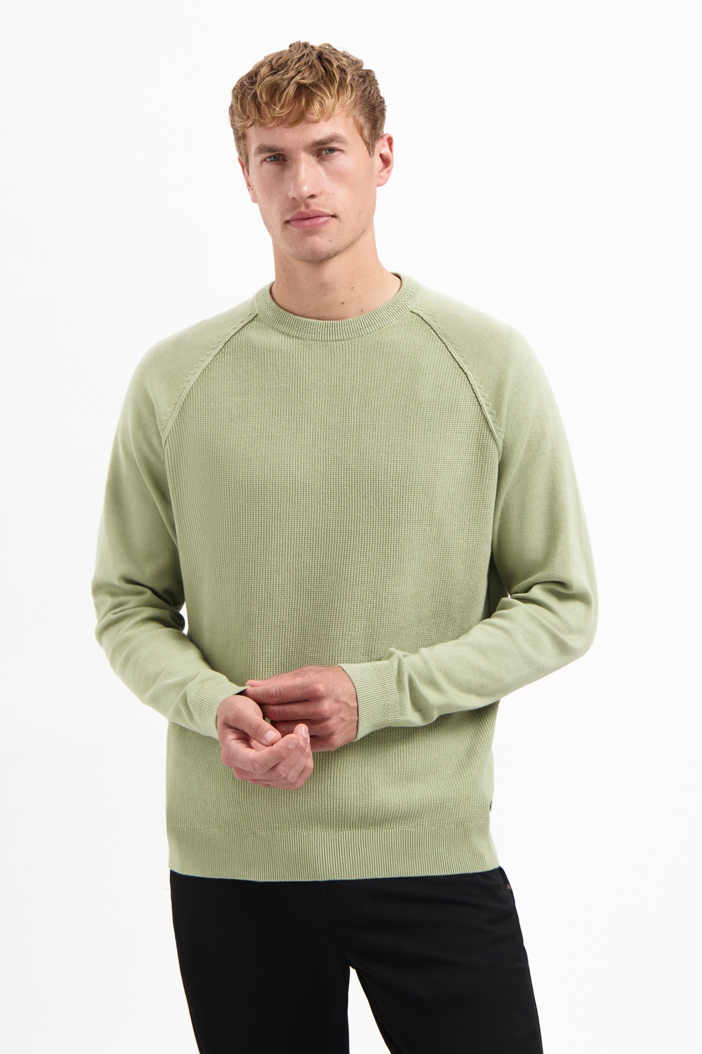 No Excess Pullover Crewneck Solid Waffle Knit Light Moss Maat: S | Sweaters Outlet | Heren | Groen