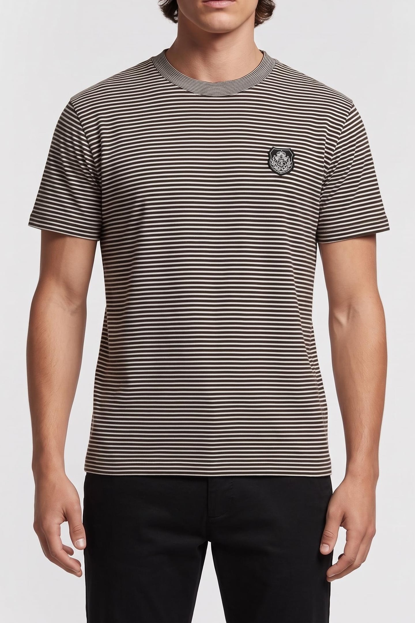 The Kooples Short-sleeved Striped T-shirt With Patch Black / White Maat: L | Basic T-Shirts Outlet | Heren | Zwart