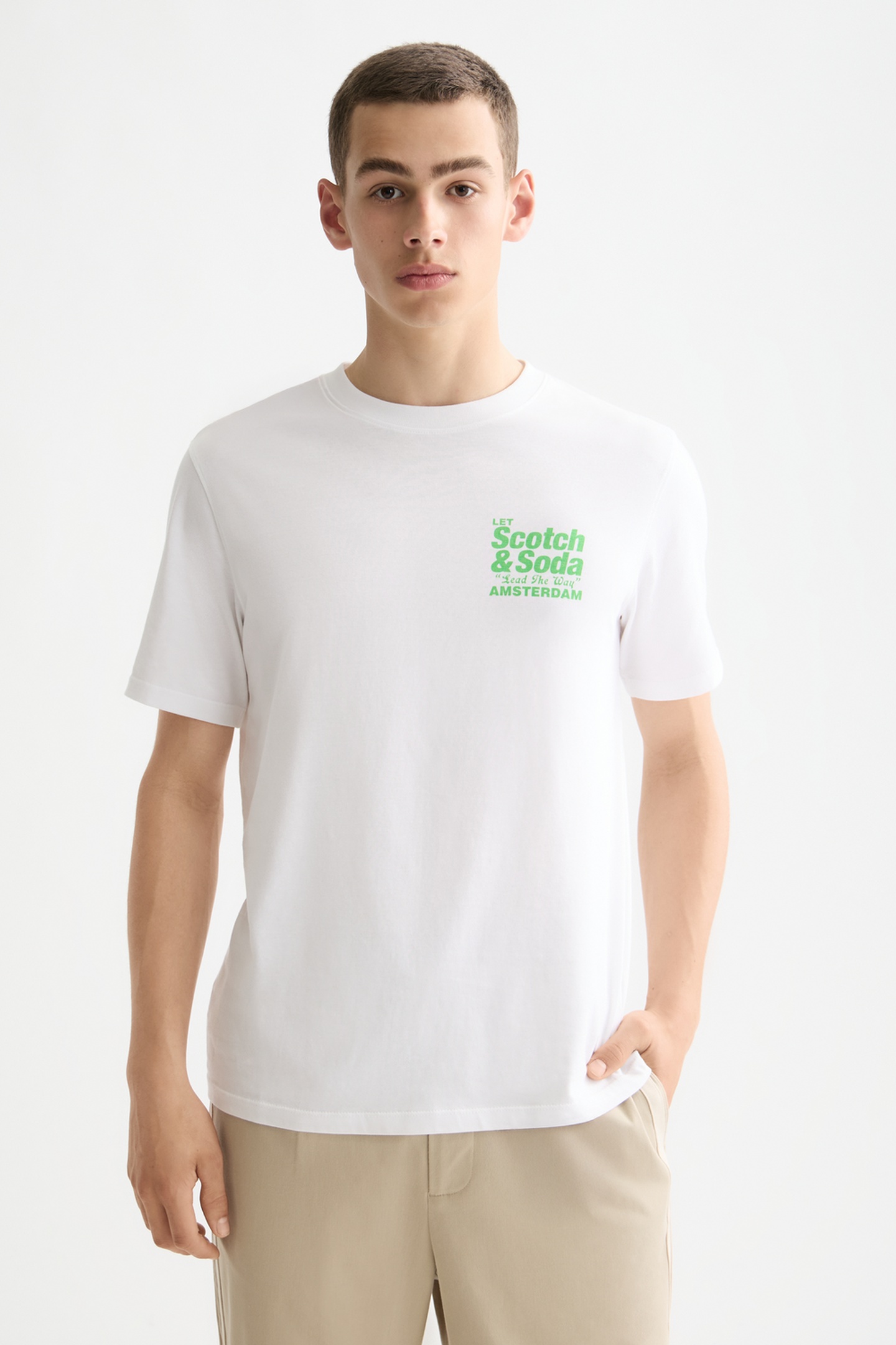 Scotch & Soda Regular Fit Front + Back Aw T-shirt Bright White Maat: S | T-shirts met Print Outlet | Heren | Groen