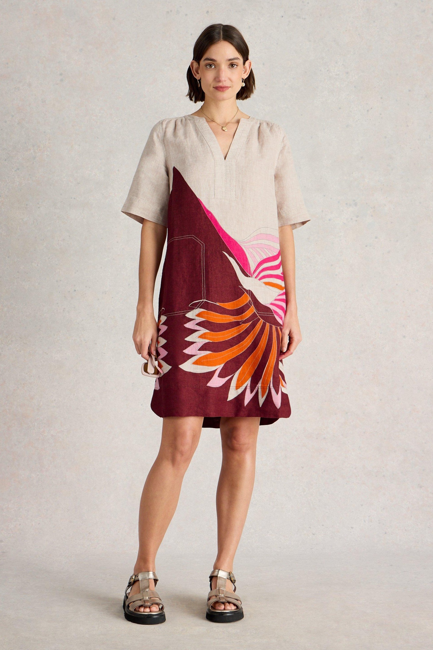 White Stuff June Linen Dress Natural Print Maat: 12 REGULAR | Blousejurken Outlet | Dames | Roze