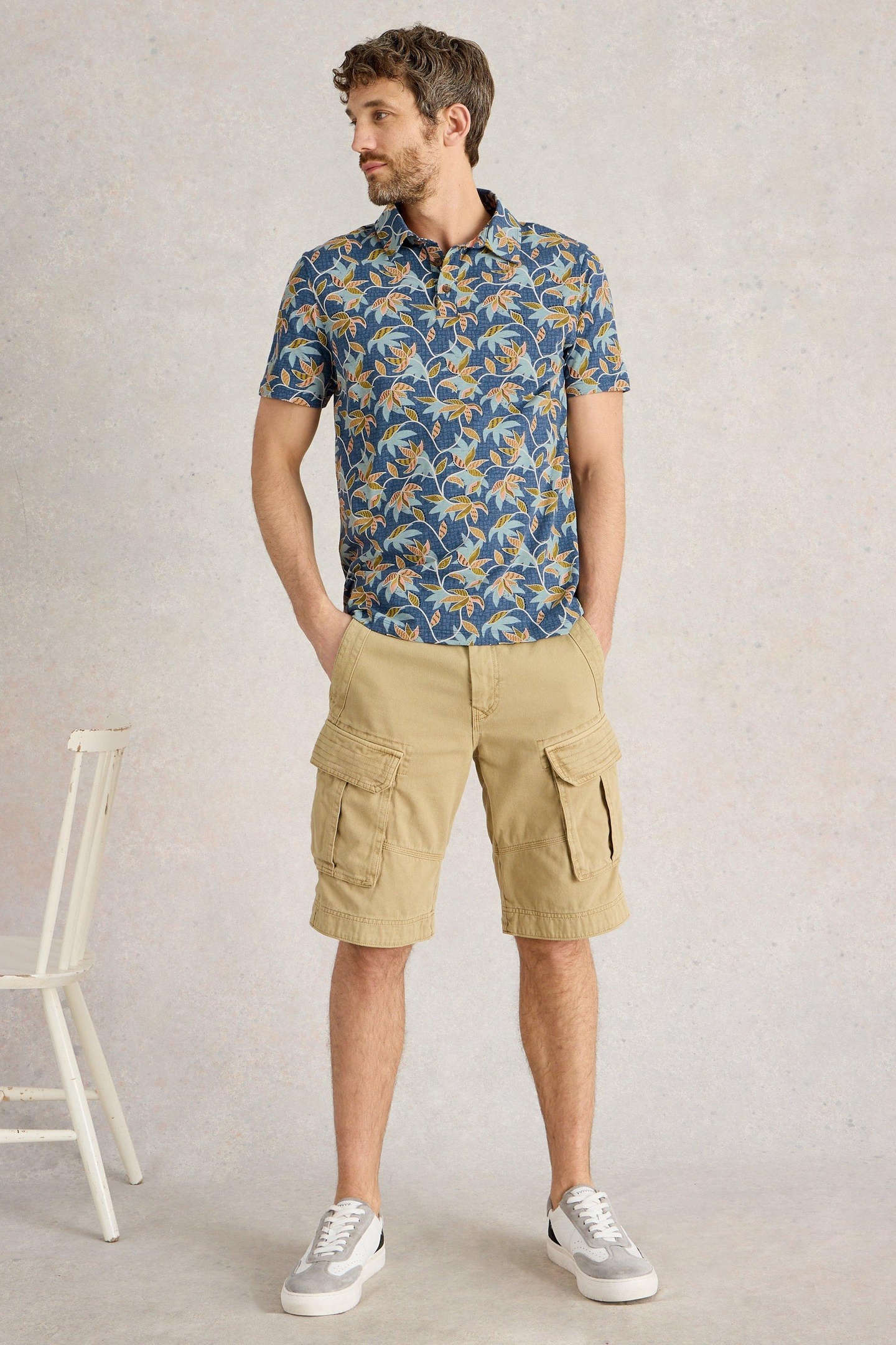White Stuff Bamboo Leaves Printed Polo Blue Print Maat: S | Poloshirts Outlet | Heren | Blauw