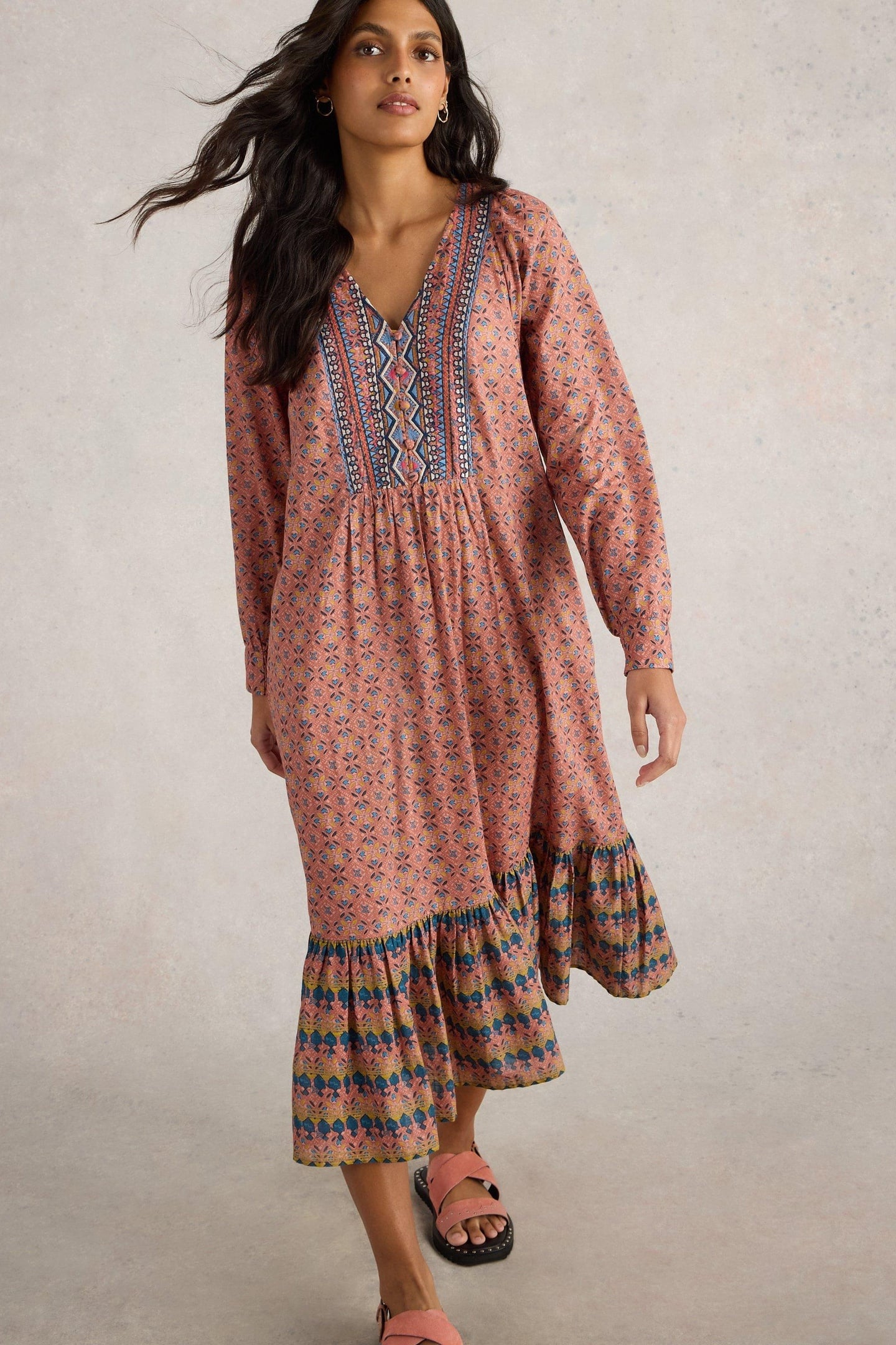 White Stuff Abigail Embroidered Dress Pink Multi Maat: 8 REGULAR | Midi Jurken Outlet | Dames | Roze