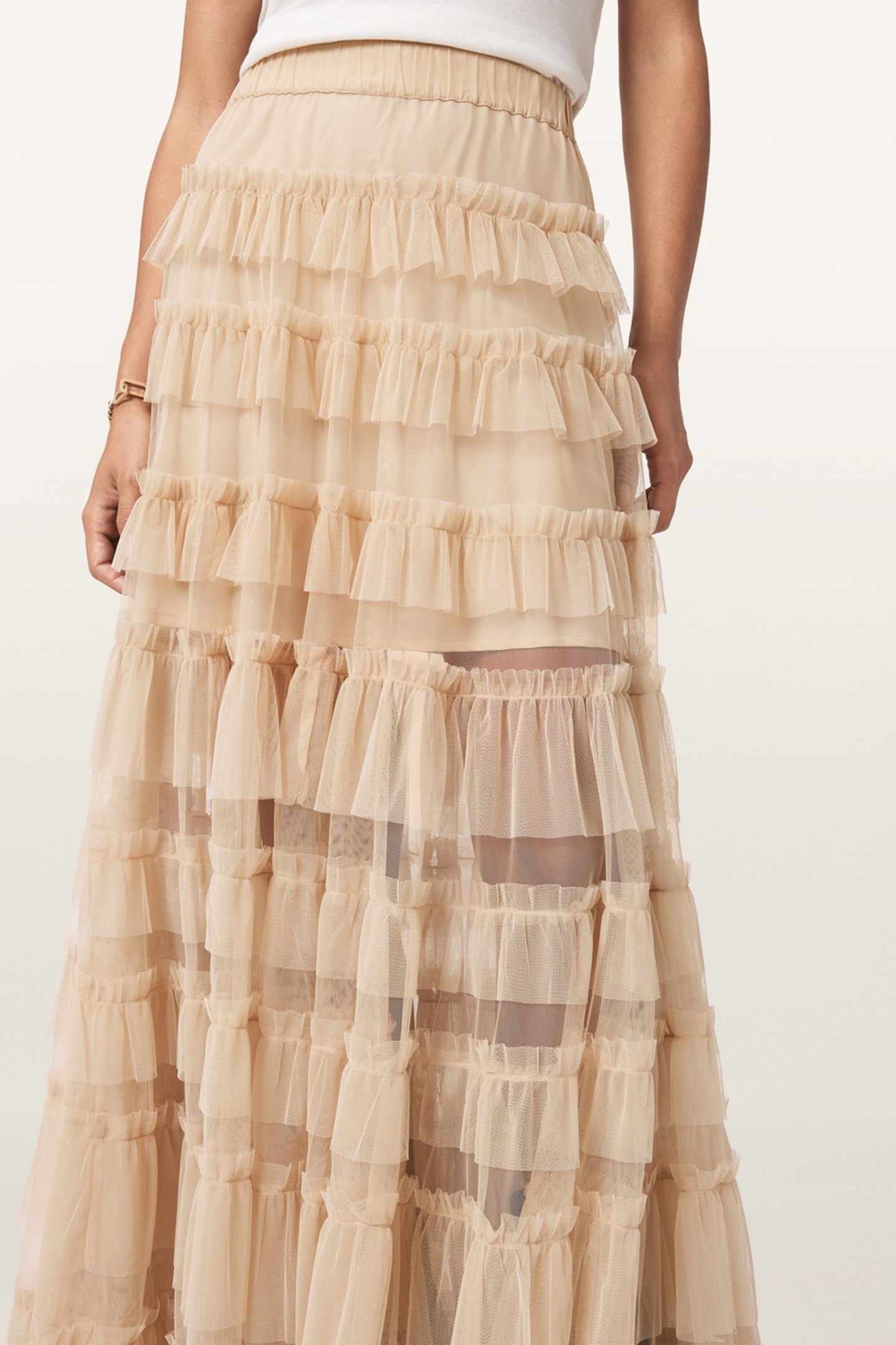AllSaints Aude Ruffle Skirt Blush Pink Maat: 12 | Maxi Rokken Outlet | Dames | Beige