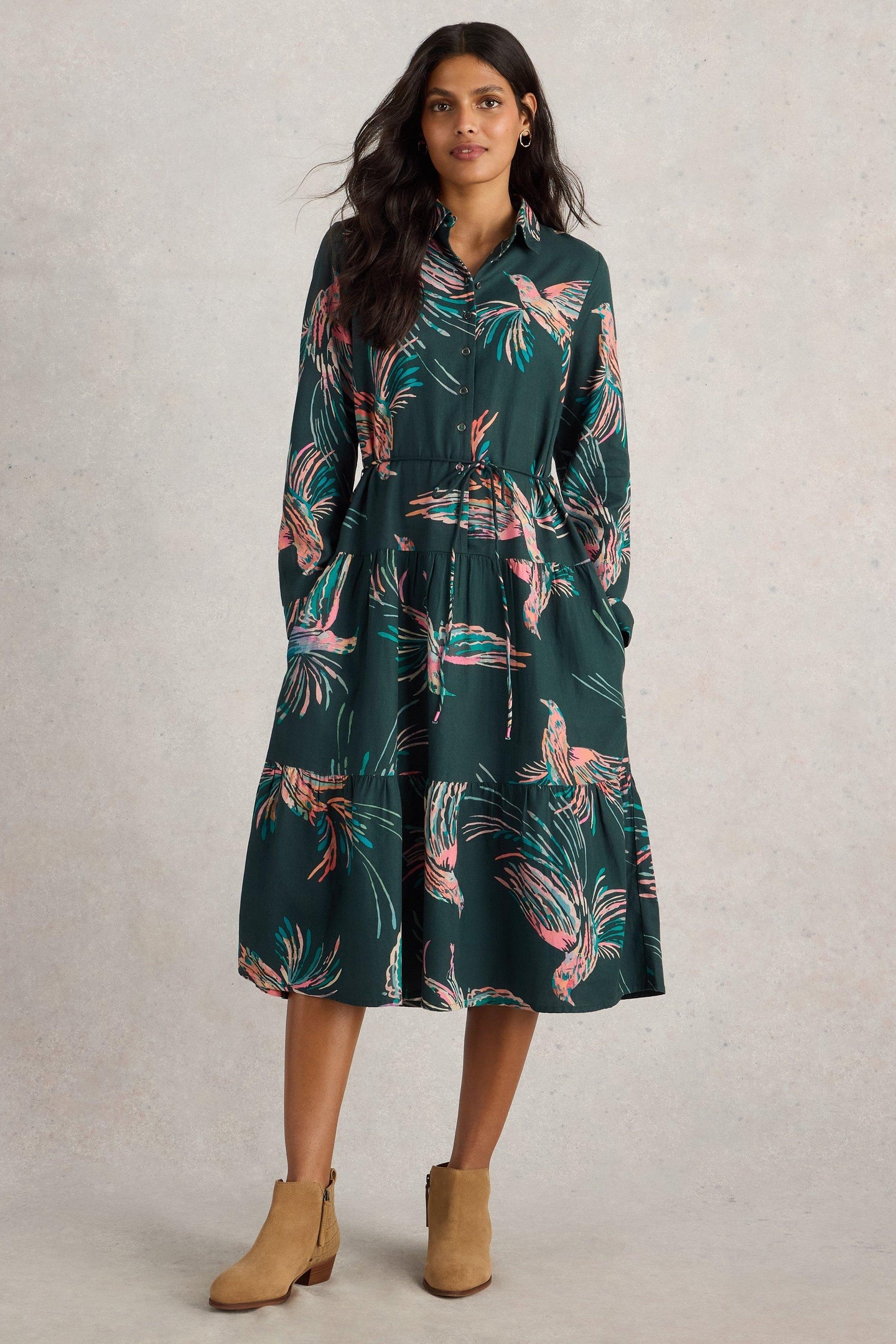 White Stuff Beatrice Shirt Dress Green Print Maat: 18 PETITE | Blousejurken Outlet | Dames | Groen