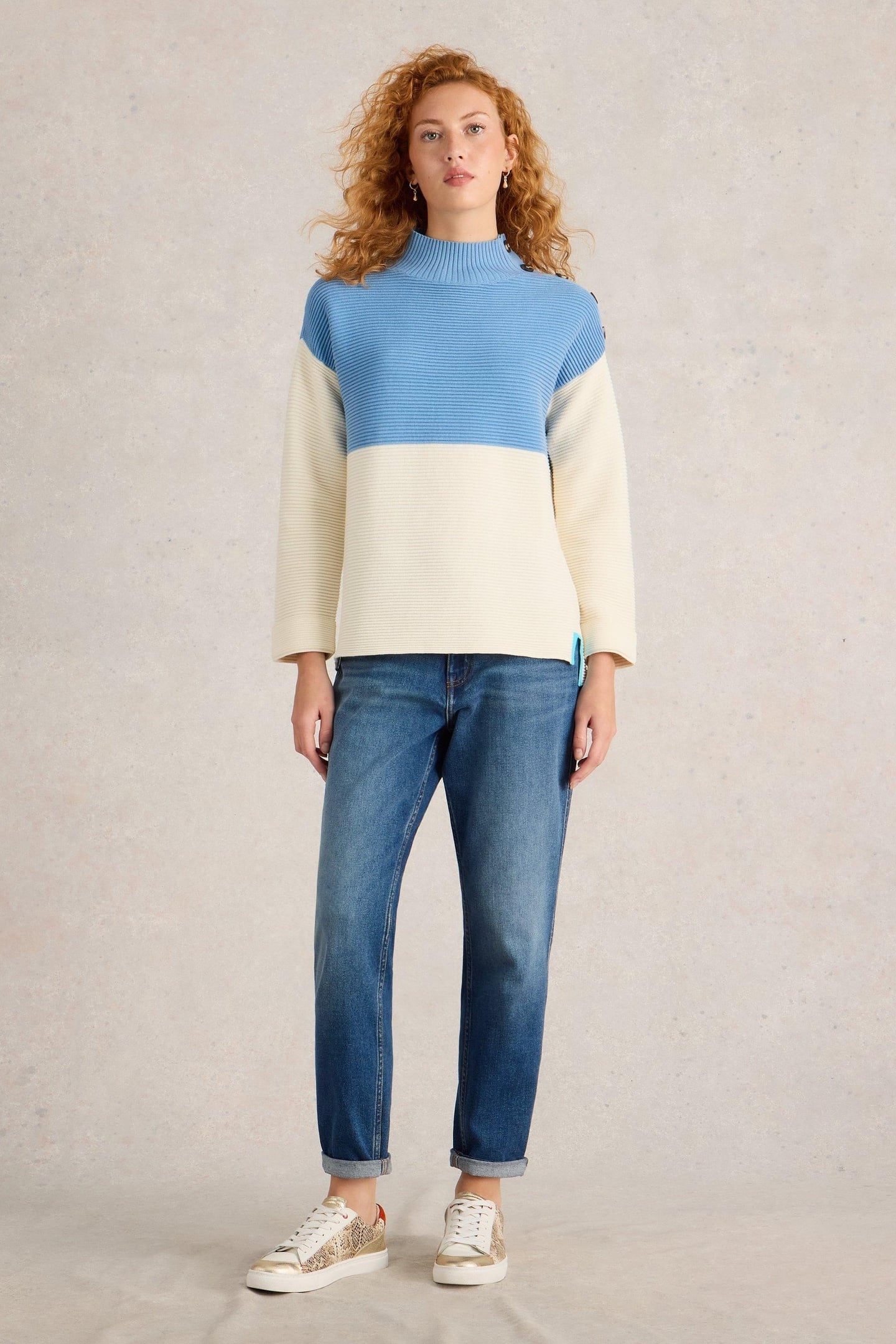 White Stuff Jana Button High Neck Blue Multi Maat: 12 | Sweaters Outlet | Dames | Blauw