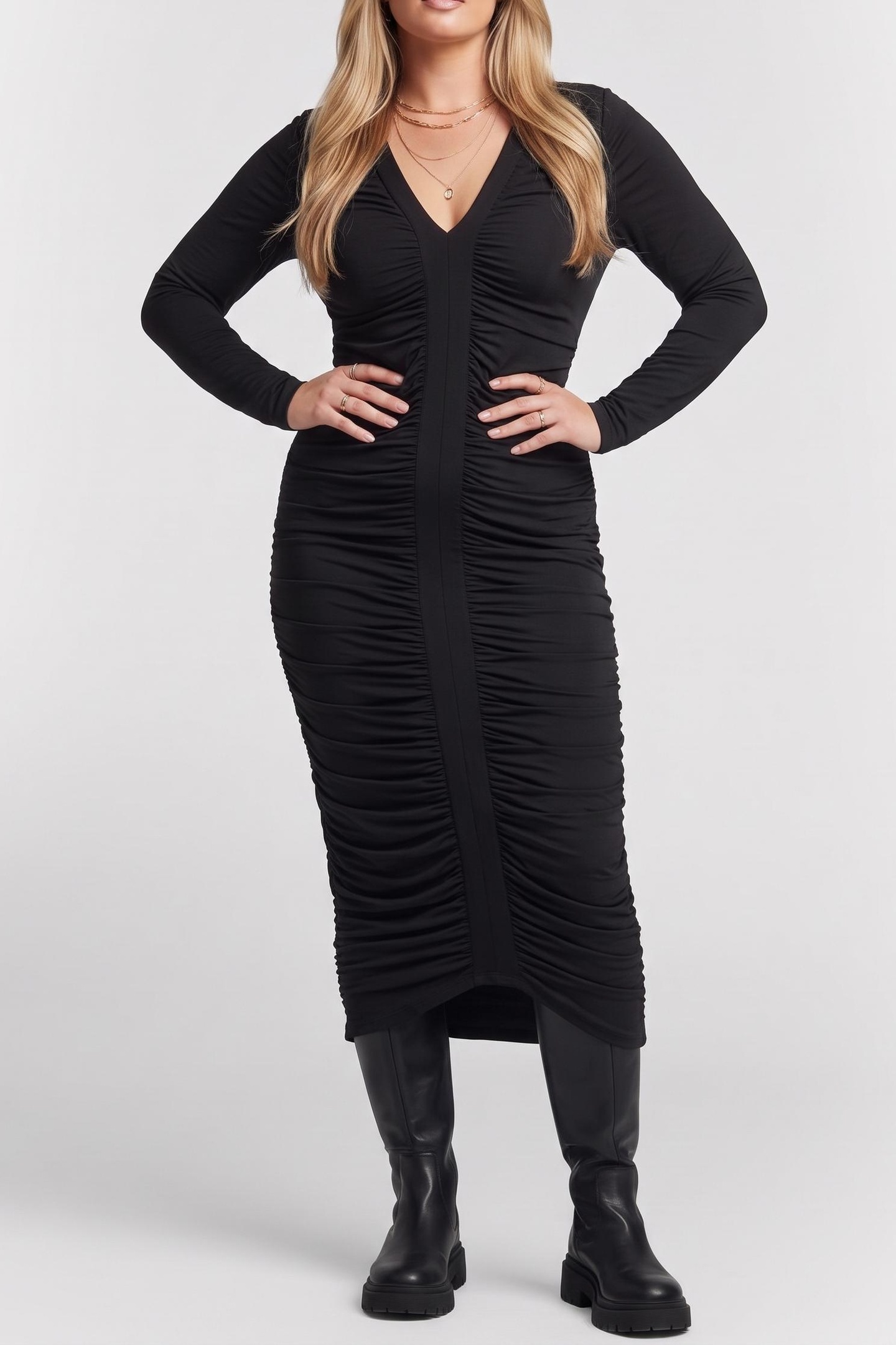 GUESS Amelia Vneck Drape M Jet Black A996 Maat: 36 | Midi Jurken Outlet | Dames | Zwart