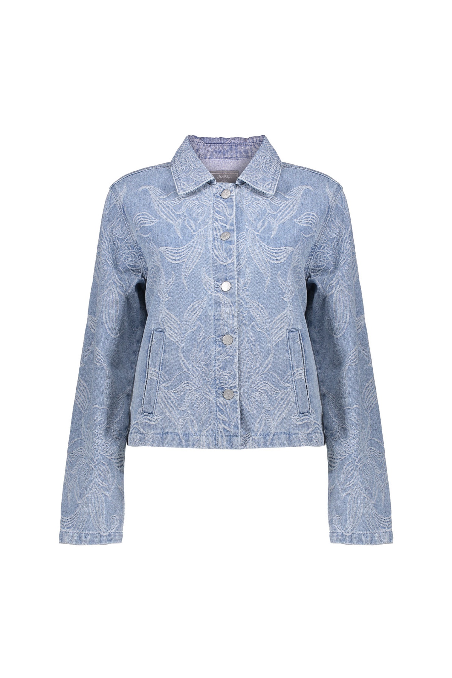Geisha Jeans Jacket Jacquard Flower Bleached Denim Maat: XXL | Spijkerjassen Outlet | Dames | Blauw