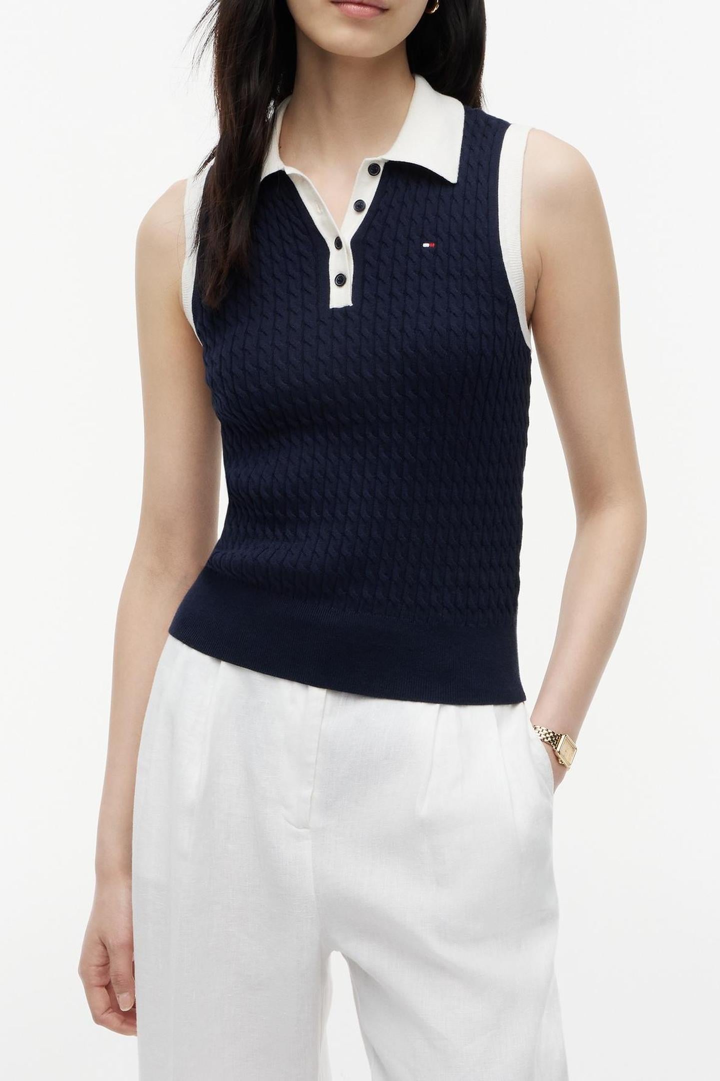 Tommy Hilfiger Fine Cable Sleeve Dark Night Navy Maat: XS | Poloshirts Outlet | Dames | Blauw