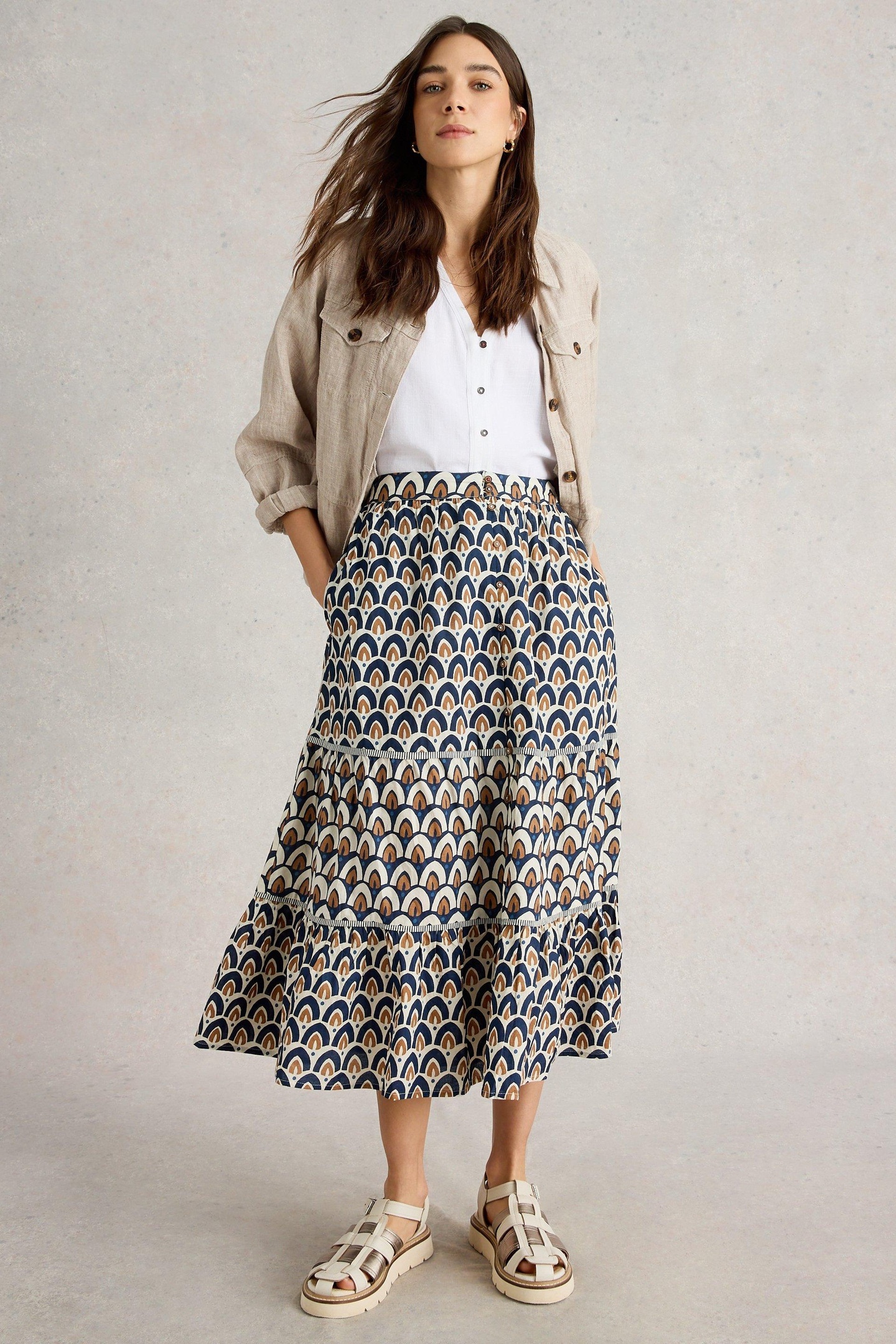 White Stuff Ariel Mix Print Midi Skirt Navy Print Maat: 10 REGULAR | Midi Rokken Outlet | Dames | Blauw