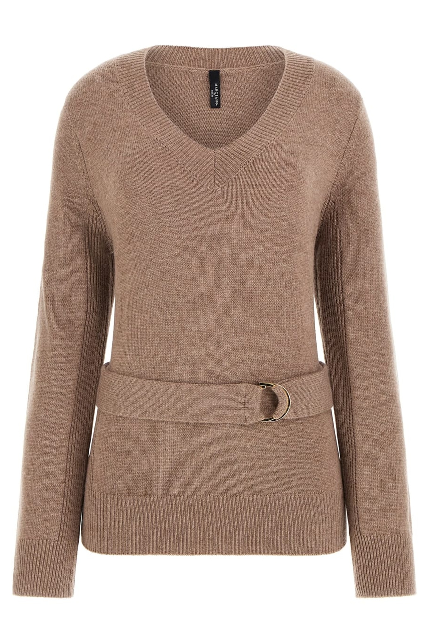 GUESS Afrah Vn Belted Top Silk Taupe Heather Maat: L | Sweaters Outlet | Dames | Bruin