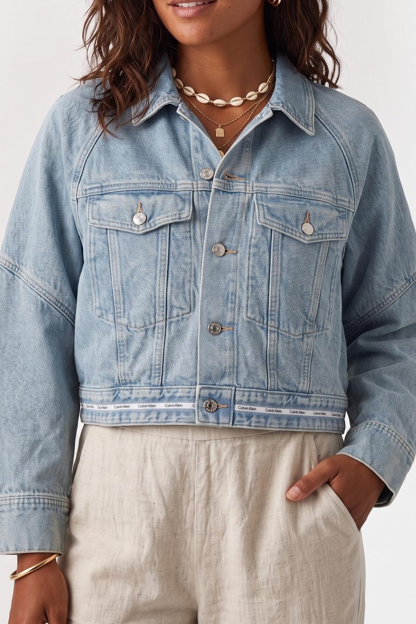 Calvin Klein Branded Boxy Denim Jacket Fresh Water Maat: L | Spijkerjassen Outlet | Dames | Blauw