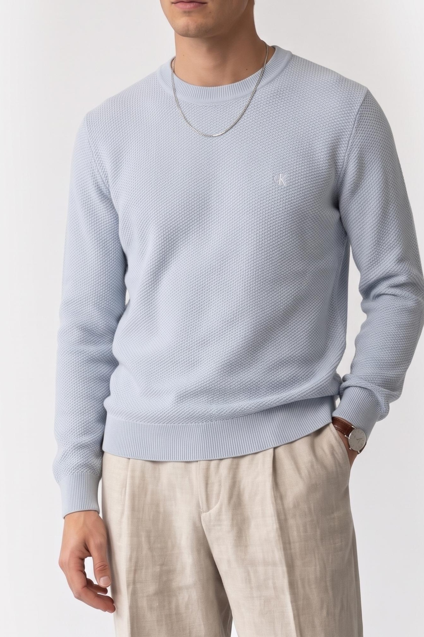 Calvin Klein Ls Textured Cotton Sweater Plein Air Maat: XXL | Sweaters Outlet | Heren | Blauw
