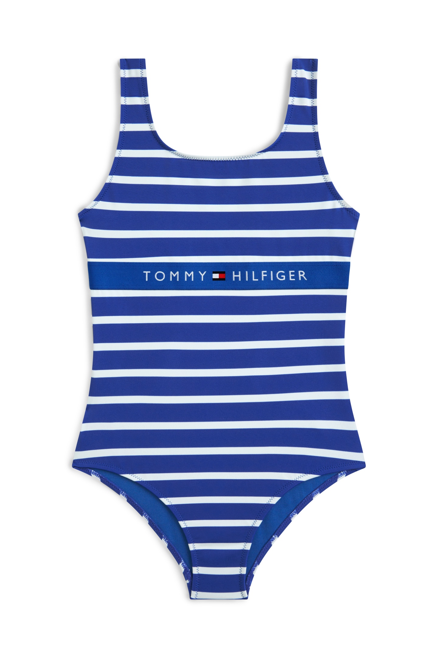 Tommy Hilfiger Girls Square Neck One Piece Blue Orbit Breton Stripe Maat: 8-10 | Badmode Outlet | kids | Blauw