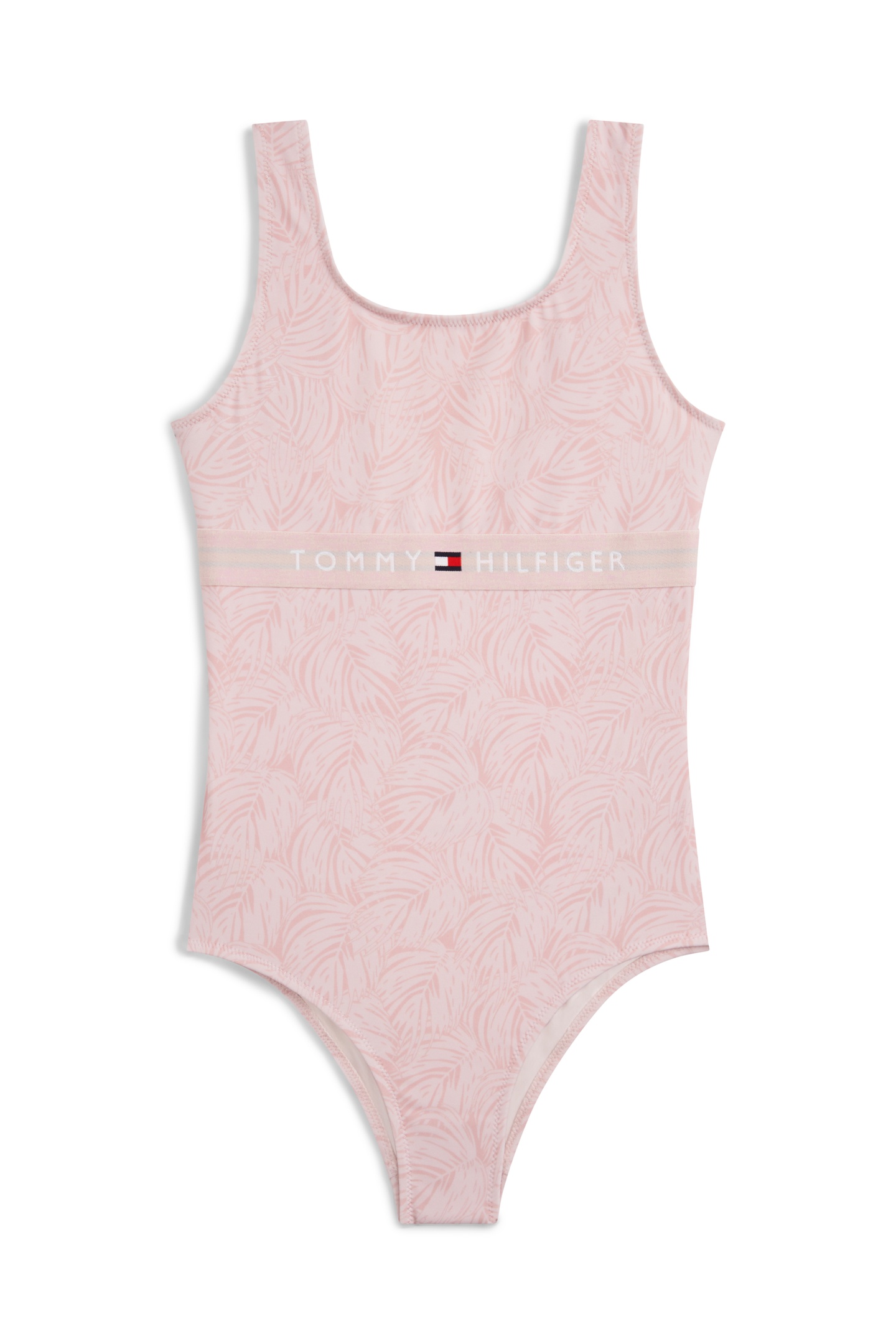 Tommy Hilfiger Girls Square Neck One Piece Palm Leaf Pink Maat: 14-16 | Badmode Outlet | kids | Roze