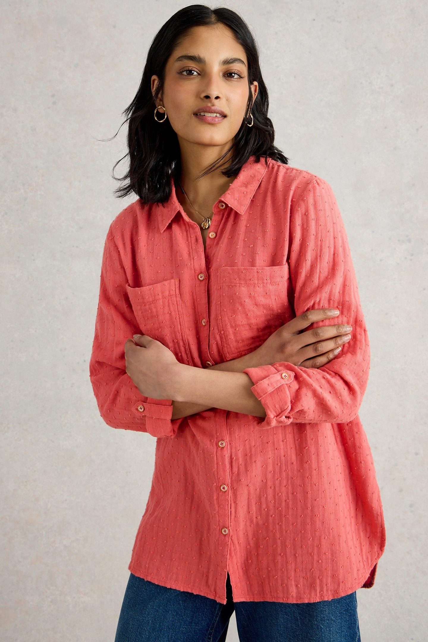 White Stuff Sophie Longline Cotton Shirt Mid Pink Maat: 6 REGULAR | Longsleeves Outlet | Dames | Roze