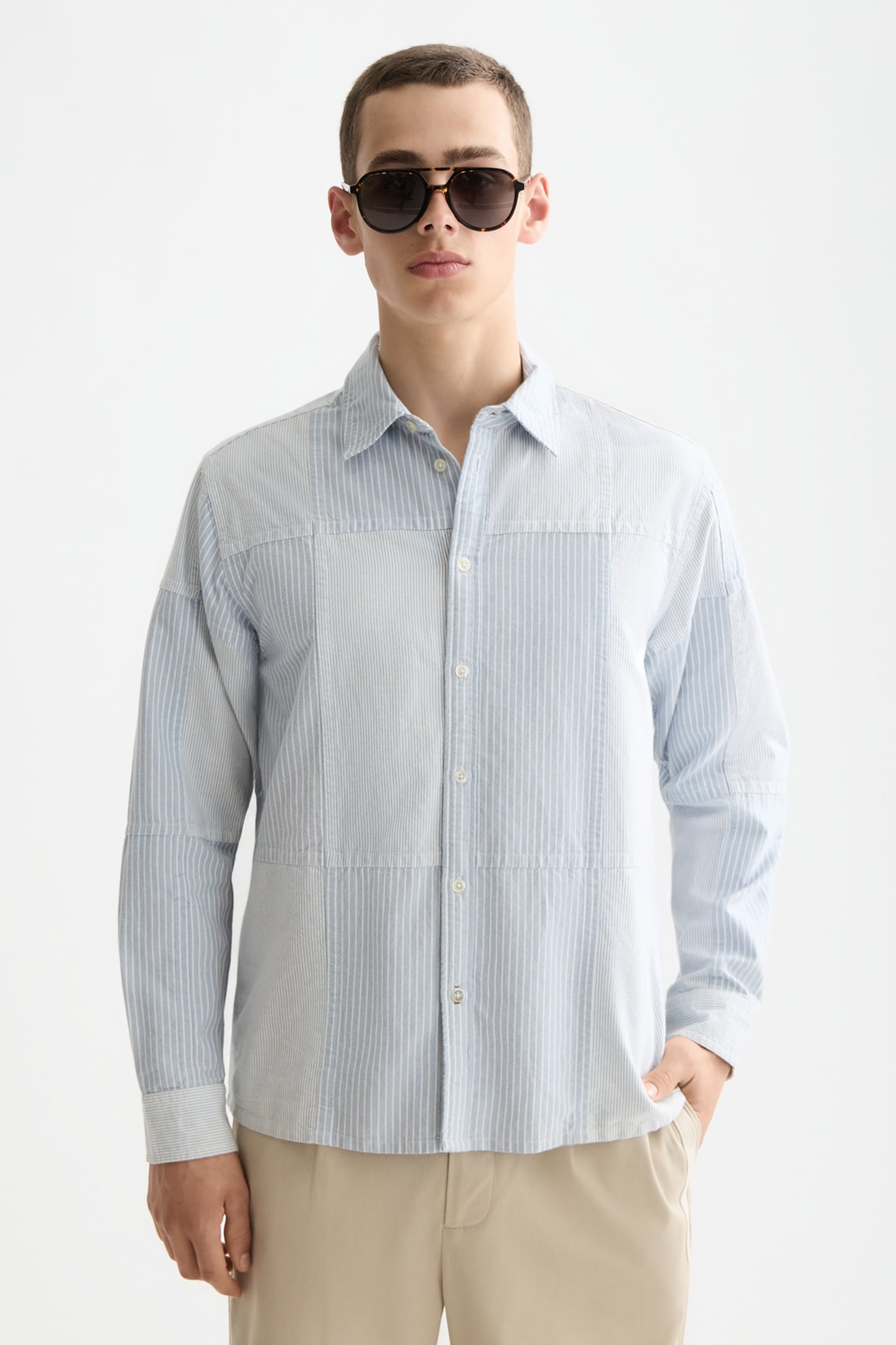 Scotch & Soda Patchwork Relaxed-fit Oxford Shirt Blue / Blue Stripe Maat: S | Casual Overhemden Outlet | Heren | Blauw