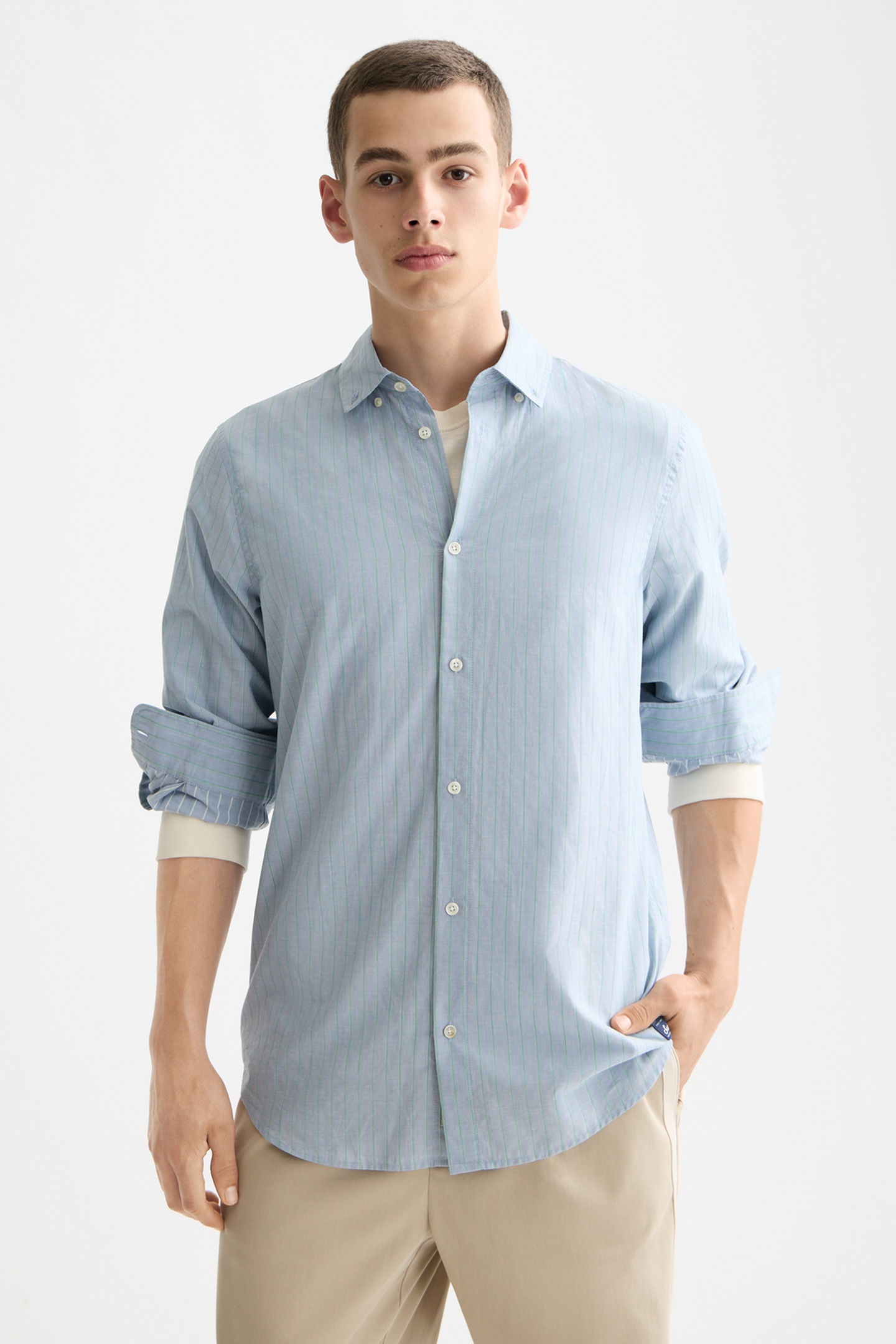 Scotch & Soda Yarn-dyed Stripe Shirt Faded Denim / Green Spruce Stripe Maat: XL | Casual Overhemden Outlet | Heren | Blauw