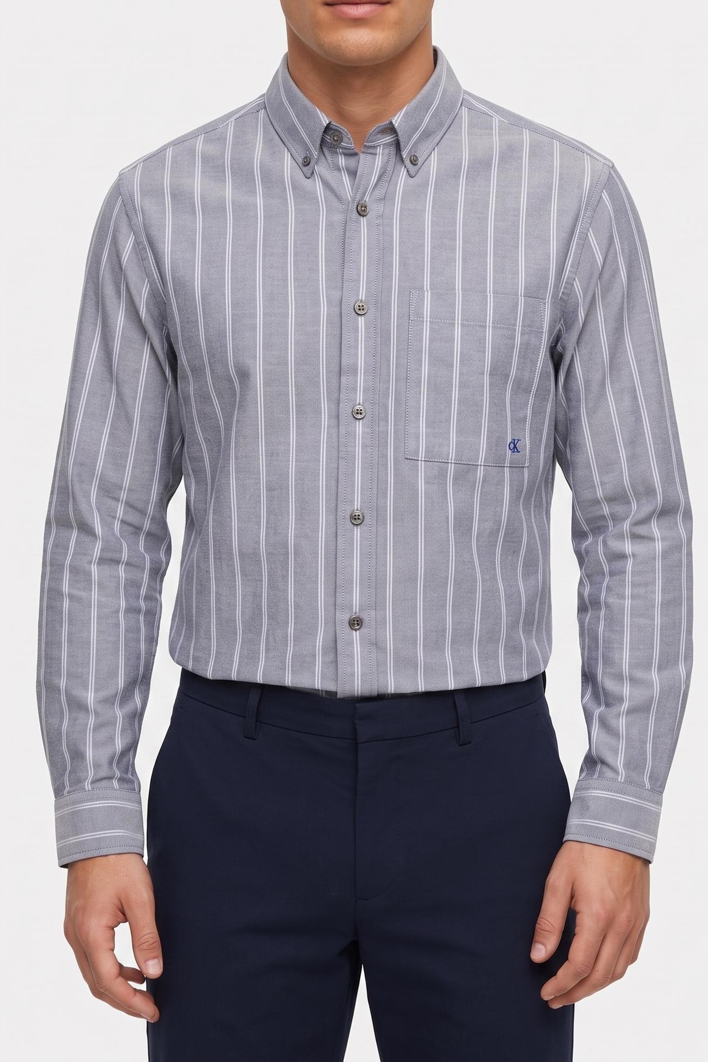 Calvin Klein Ls Stripe Oxford Shirt Harlem Night Blue Maat: S | Zakelijke Overhemden Outlet | Heren | Grijs
