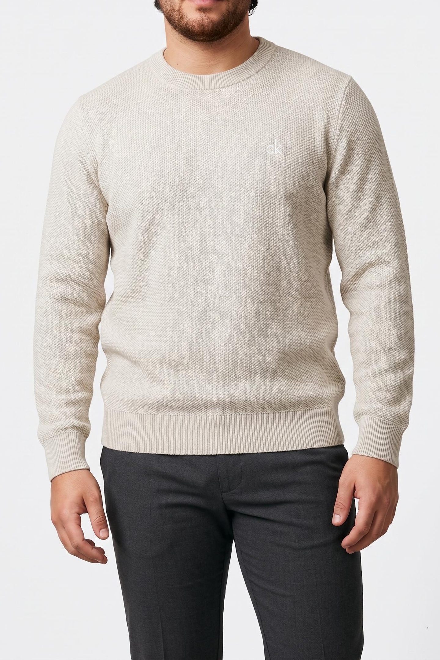 Calvin Klein Ls Textured Cotton Sweater Snow Heather Maat: L | Sweaters Outlet | Heren | Beige