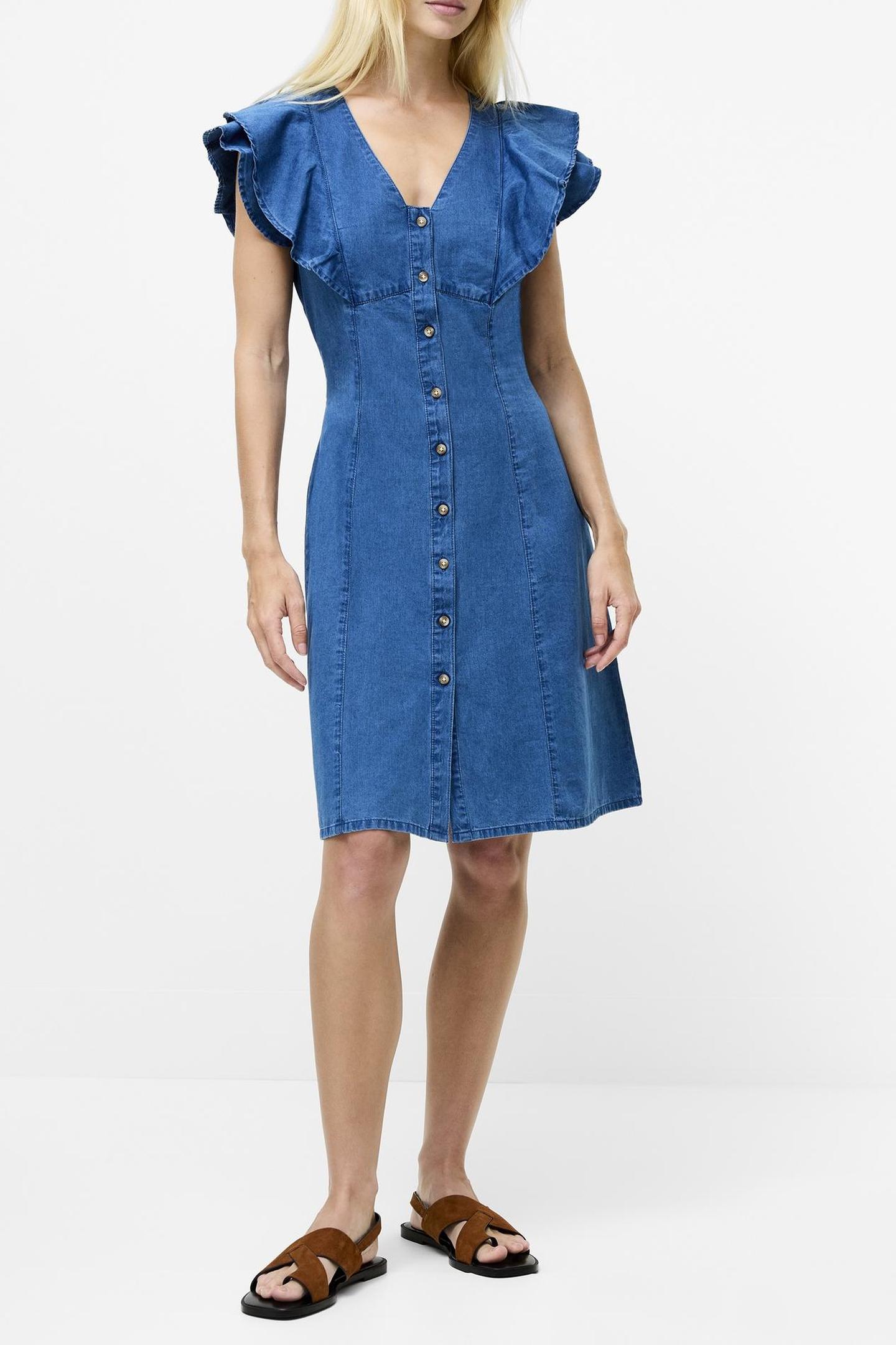 French Connection Ruffle Denim Chambray Dress Mid Wash Mid Wash Maat: 10 | Blousejurken Outlet | Dames | Blauw