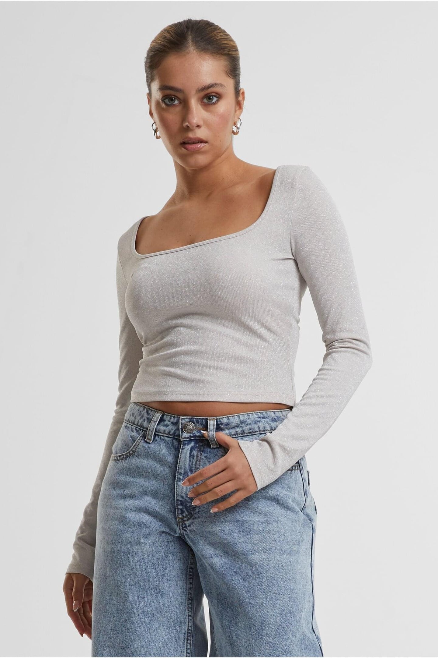 Urban Classics Ladies Glitter Square Neck Longsleeve Whitesand Maat: L | Longsleeves Outlet | Dames | Zilver