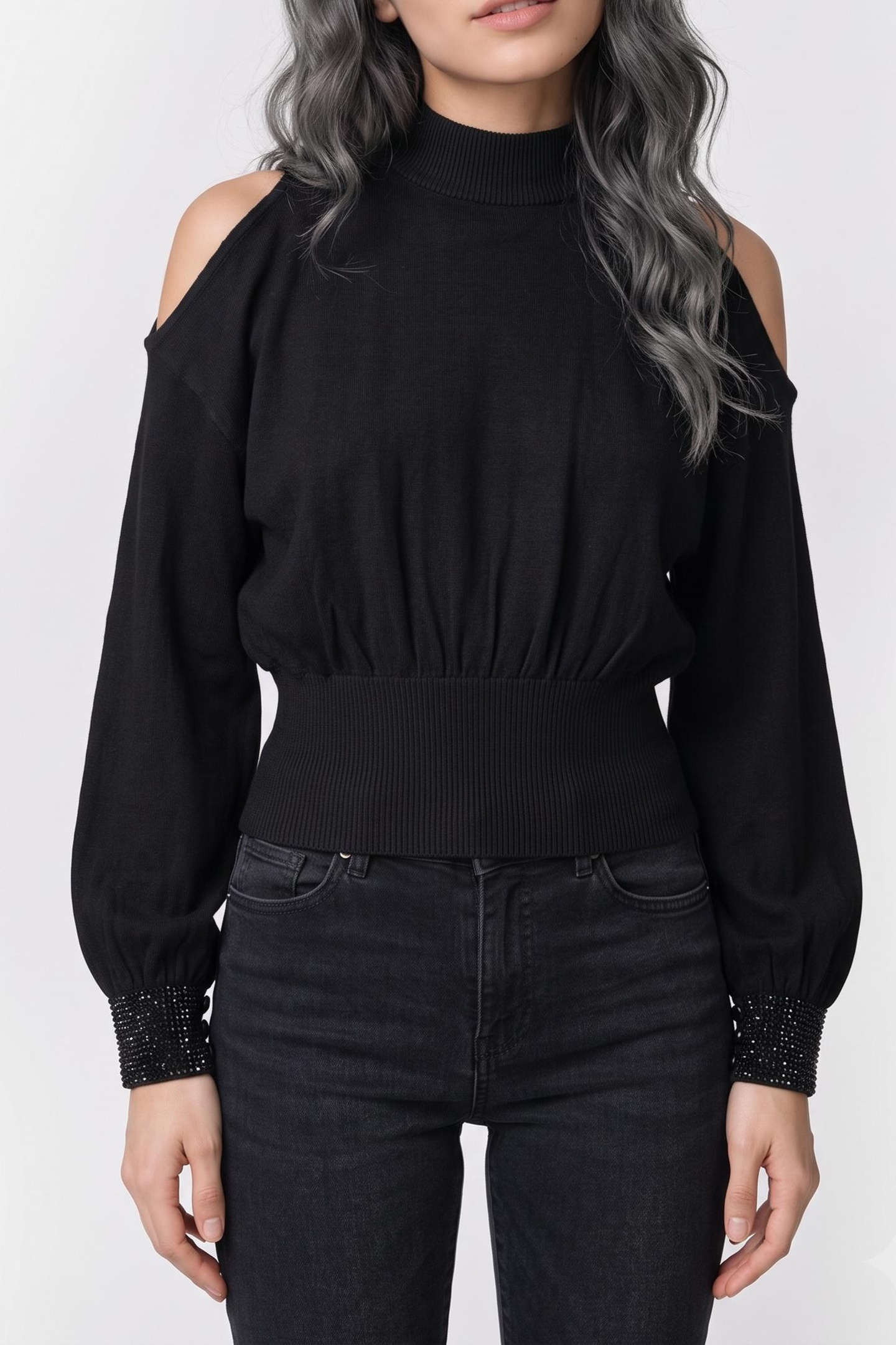 GUESS Ls Bling Cuff Pima S Jet Black A996 Taglia: XS | Maglioni a maglia Outlet | Donna | Nero