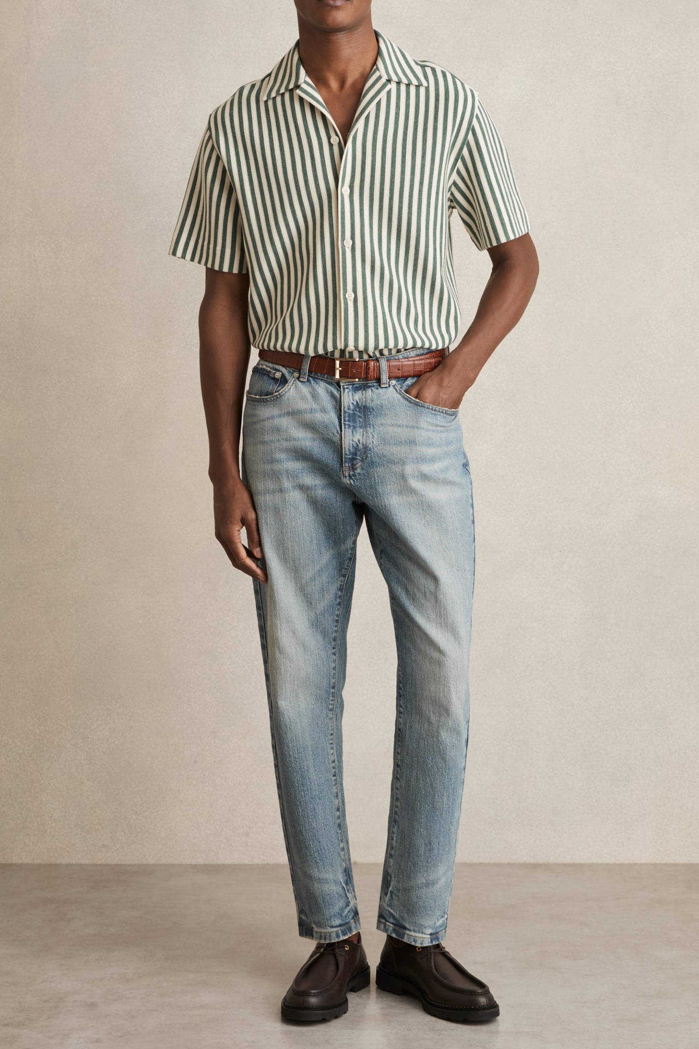 Reiss Ss Textured Stripe Cuban Shirt Green/white Maat: XS | Casual Overhemden Outlet | Heren | Groen