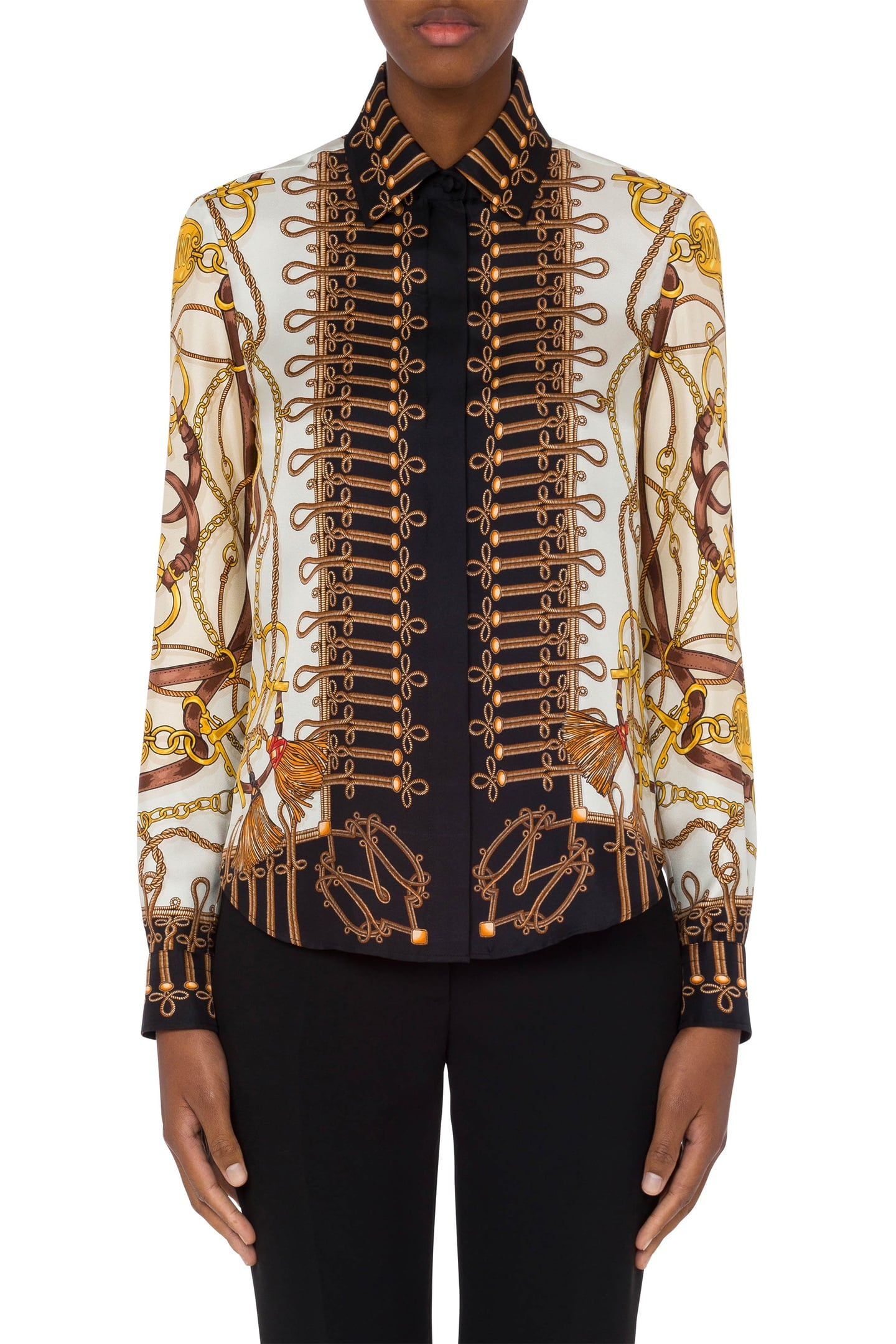 Moschino Military Teddy Scarf Silk Twill Shirt White Maat: 38 | Longsleeves Outlet | Dames | Wit