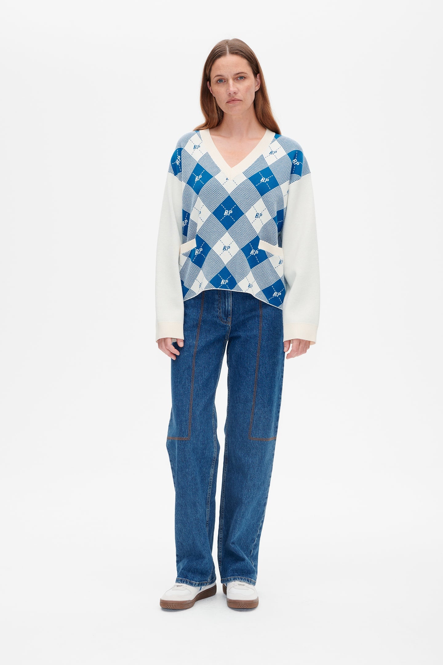 Baum und Pferdgarten Cloe Sweater Federal Blue Check Maat: M | Longsleeves Outlet | Dames | Blauw