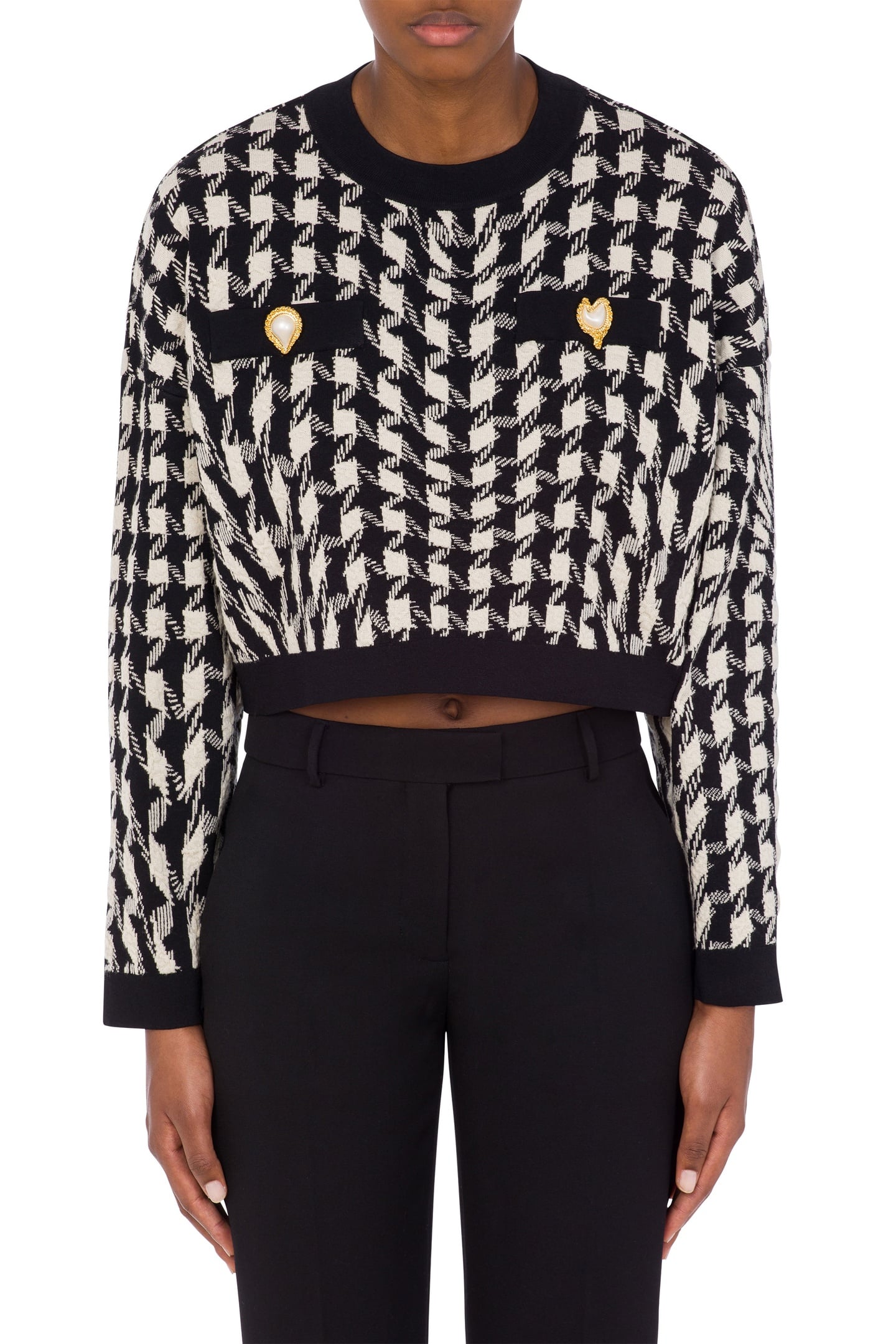 Moschino Cropped Pullover In Morphed Houndstooth Stretch Knit White Maat: 38 | Longsleeves Outlet | Dames | Zwart
