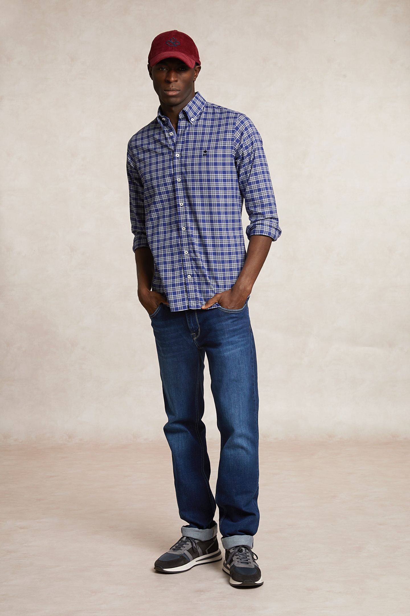 River Woods Custom Fit Cotton Checked Shirt Blue/white Maat: L | Casual Overhemden Outlet | Heren | Blauw