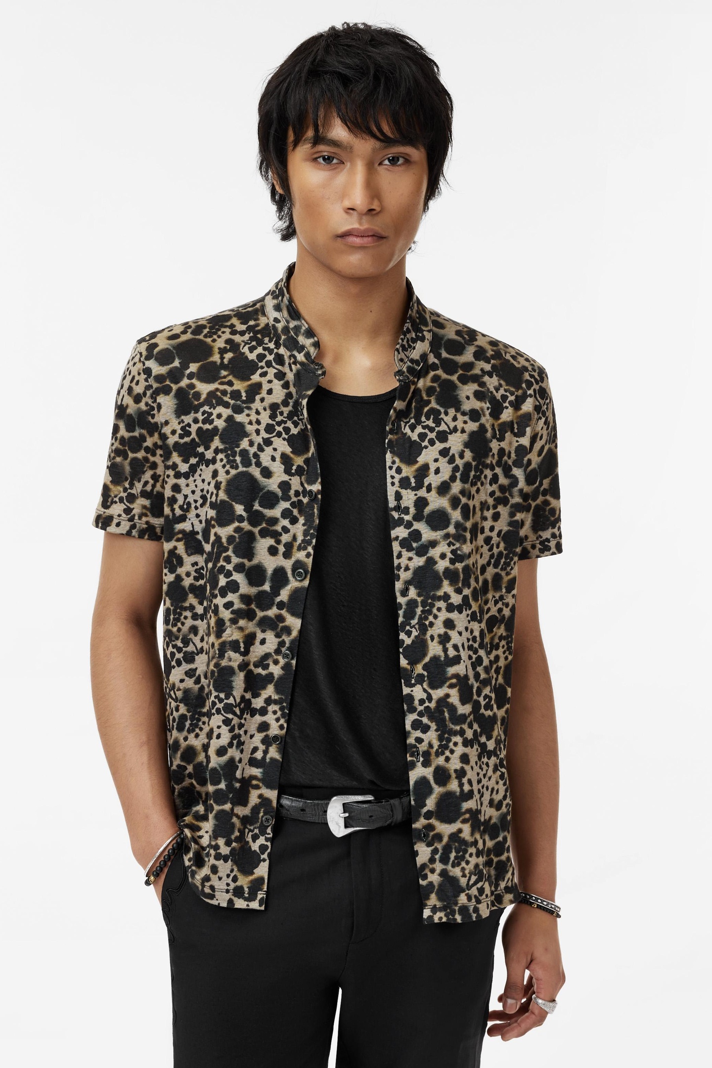 John Varvatos Marini Regular Fit Ss Wire Collar Shirt Smoked Pearl Grey Maat: S | Casual Overhemden Outlet | Heren | Zwart