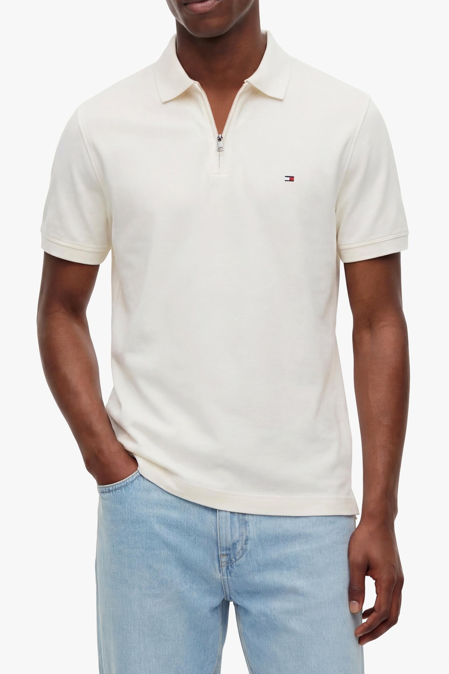 Tommy Hilfiger Merc Pique Zip Regular Polo Ivory Petal Größe: M | Poloshirts Outlet | Herren | Weiß