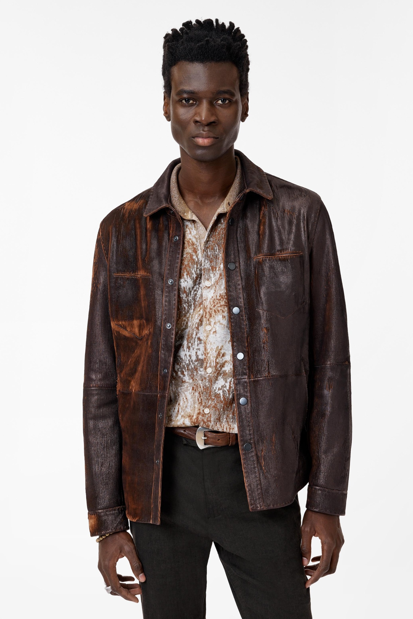 John Varvatos Lottie Shirt Jacket - Snap Down Shirt Ja Scarlet Maat: 48 | Leren Jassen Outlet | Heren | Bruin