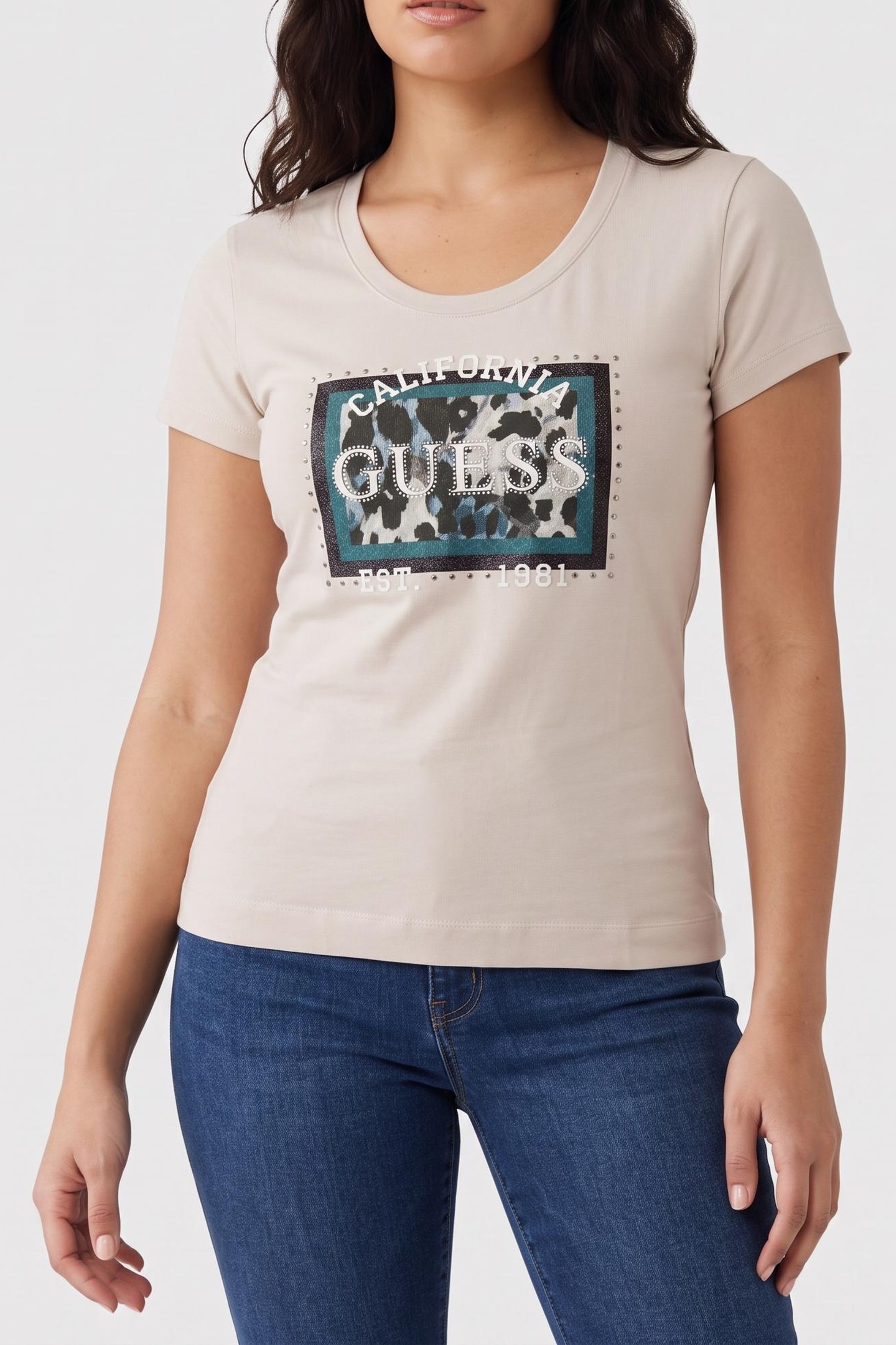 GUESS Cn Ss Animalier Box Muted Stone Talla: M | Camisetas de Seda Outlet | Mujer
