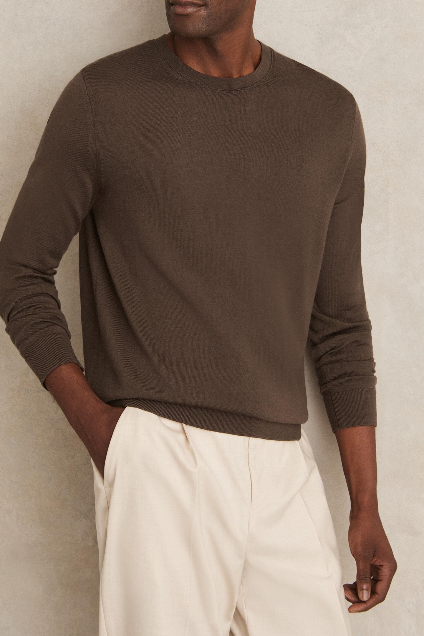 Reiss Ls Crew Merino Wool Jumper Chocolate Brown Maat: XL | Longsleeves Outlet | Heren | Bruin