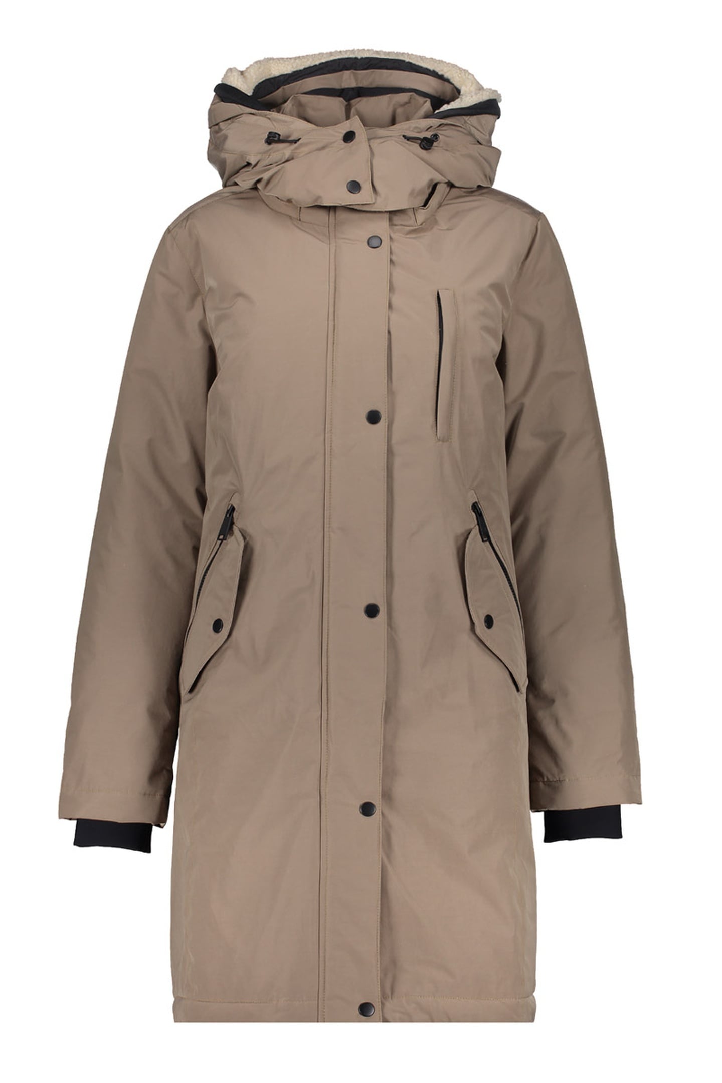 Geisha Jacket Teddy Hood Mid Long Greige Maat: L | Winterjassen Outlet | Dames | Beige