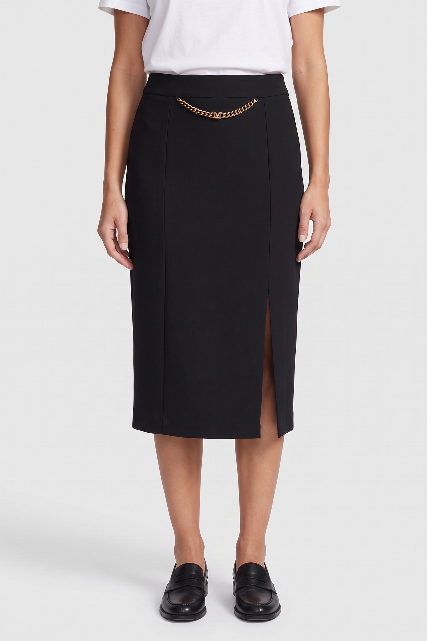 GUESS Ella W/chain Midi Sk Jet Black A996 Maat: 48 | Midi Rokken Outlet | Dames | Zwart