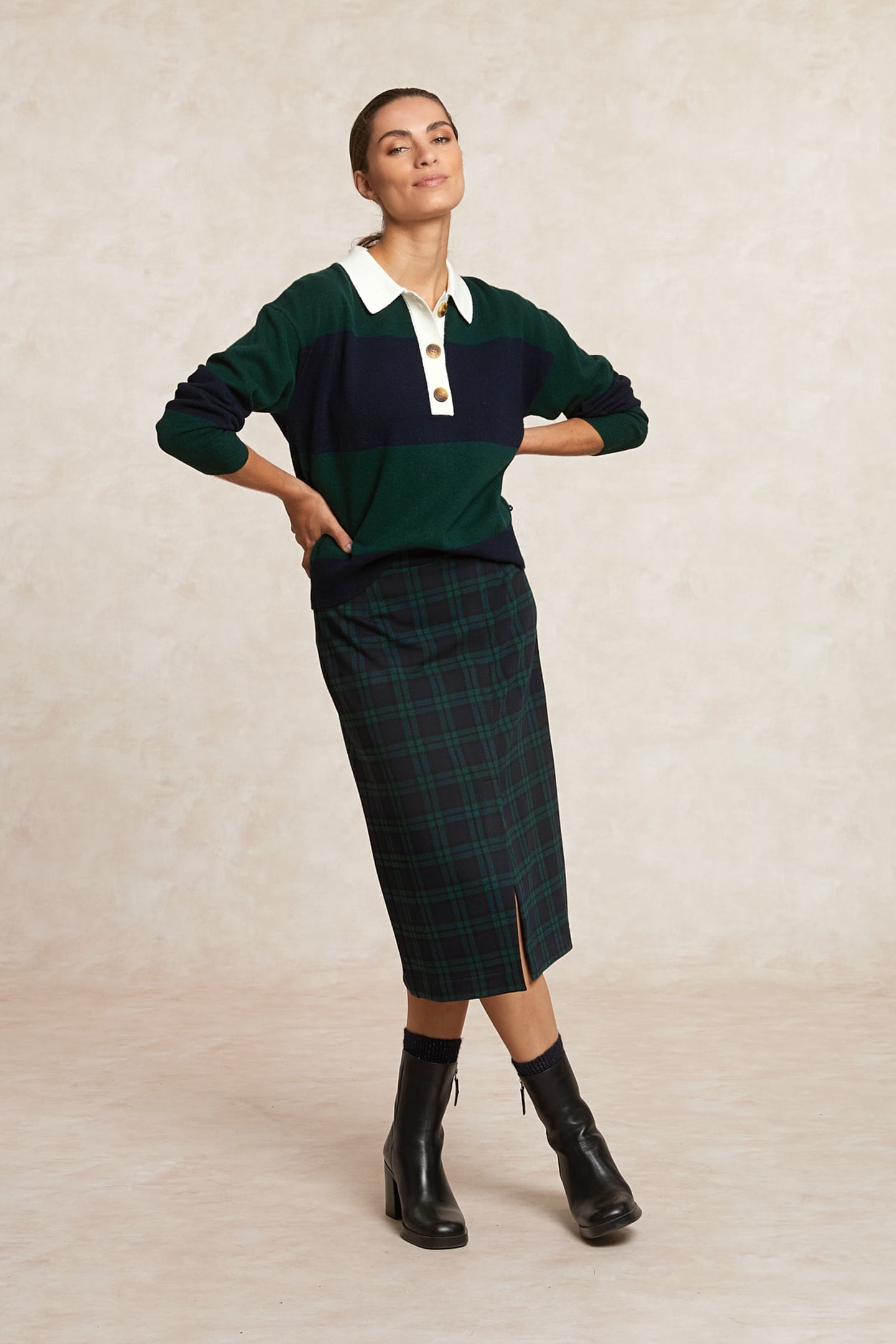 River Woods A-line Checked Midi Skirt Front Slit Khaki Maat: 40 | Mini Rokken Outlet | Dames | Groen